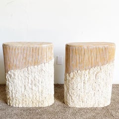 Boho Chic Tessellated Stone and Split Reed Pedestals - a Pair