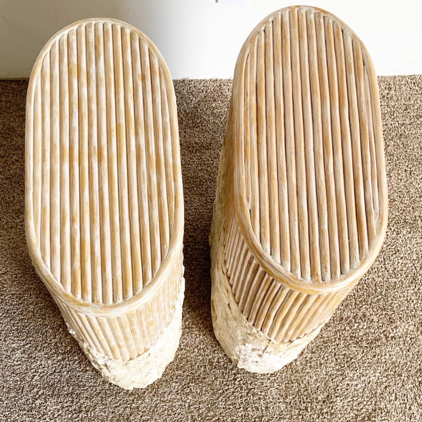 Bohemian Boho Chic Tessellated Stone and Split Reed Pedestals, a Pair For Sale