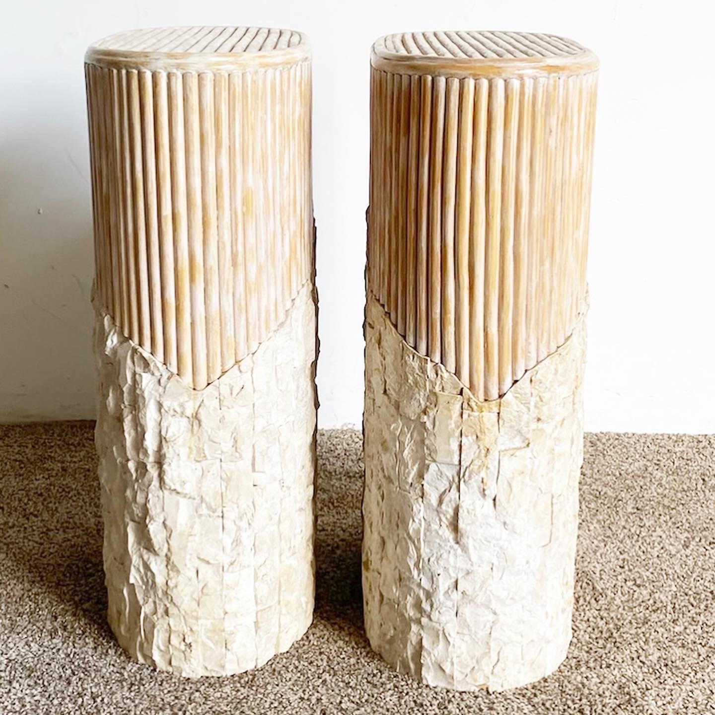 Boho Chic Tessellated Stone and Split Reed Pedestals, a Pair For Sale 1
