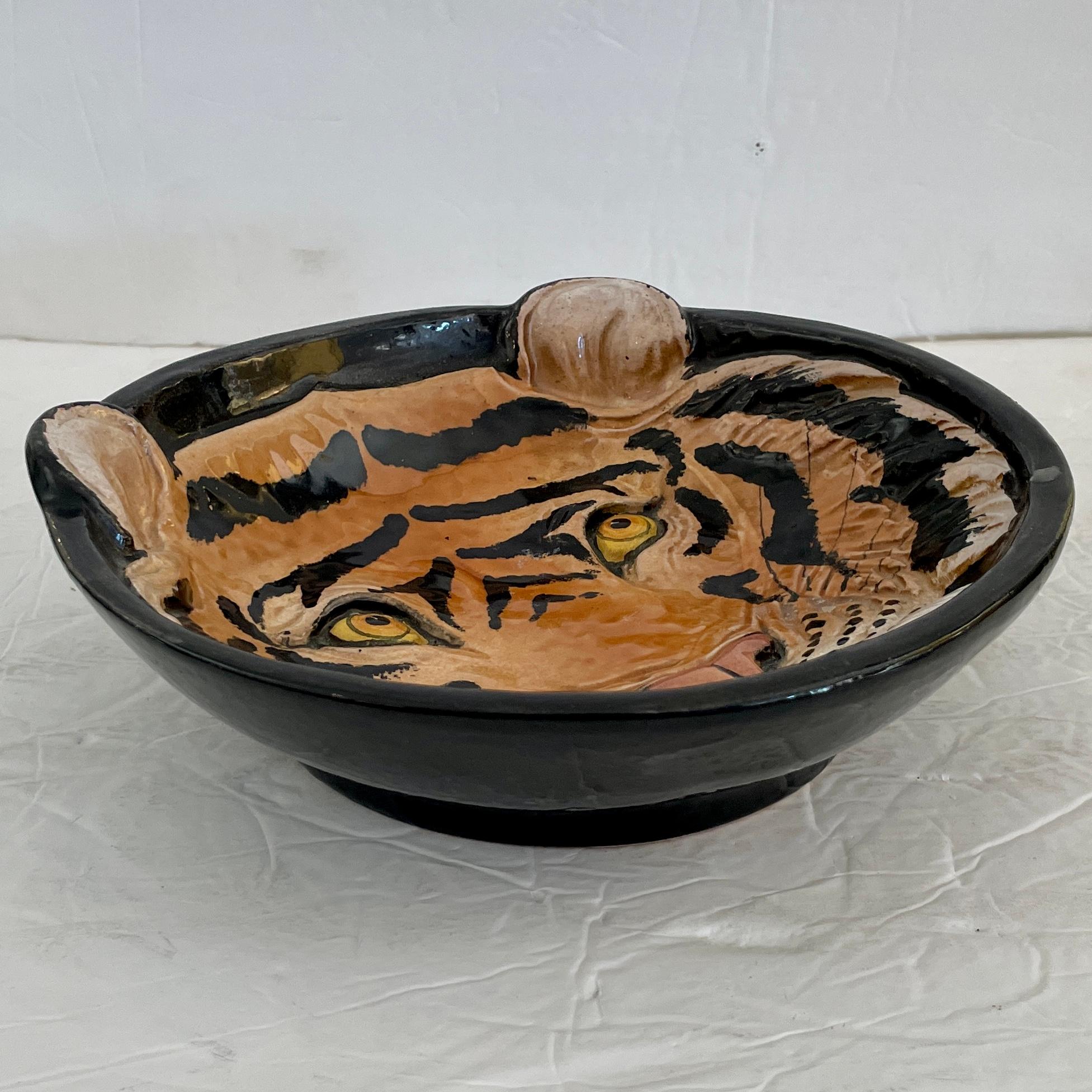 Boho Chic Tiger Ceramic Serving Bowl In Good Condition In Los Angeles, CA