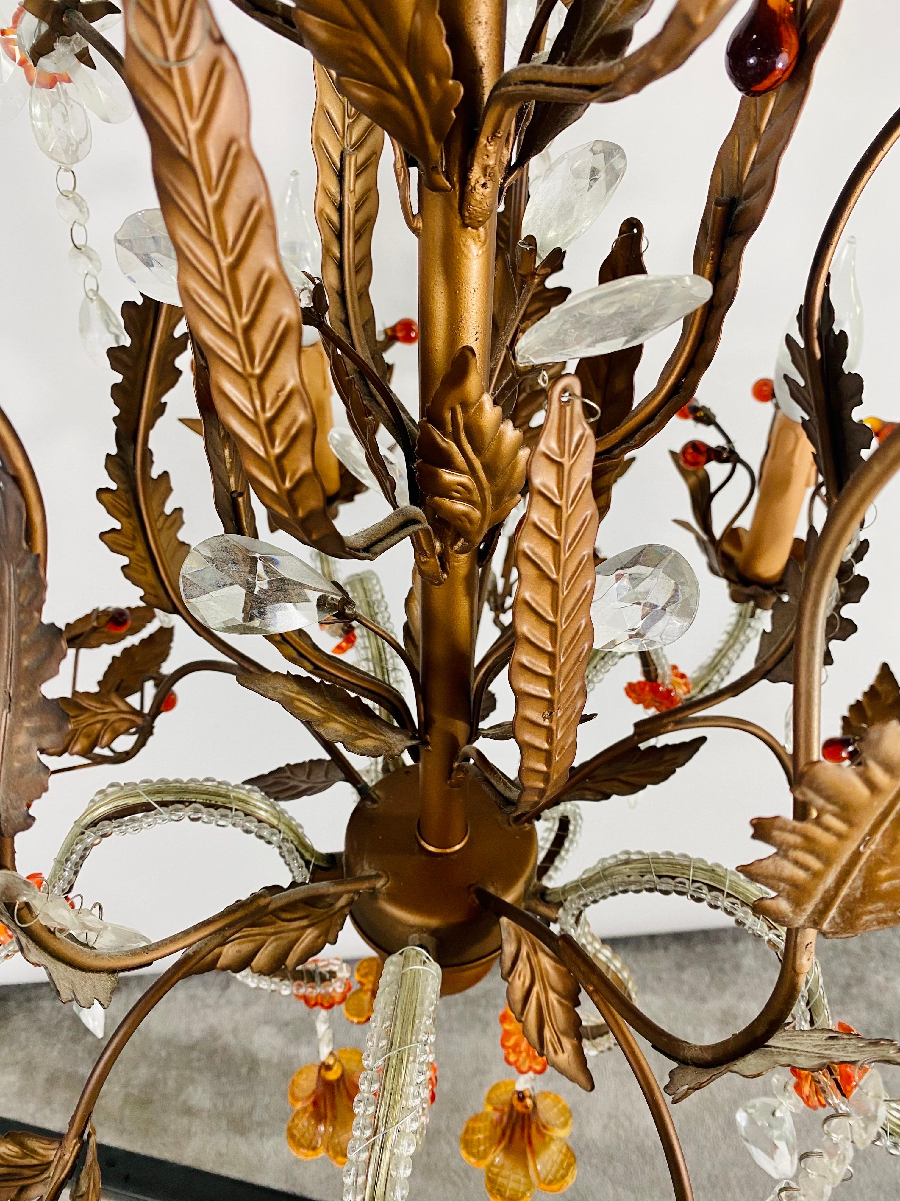 Boho Chic Tole Metal Faux Crystal Leaves & Flowers Chandelier For Sale 3