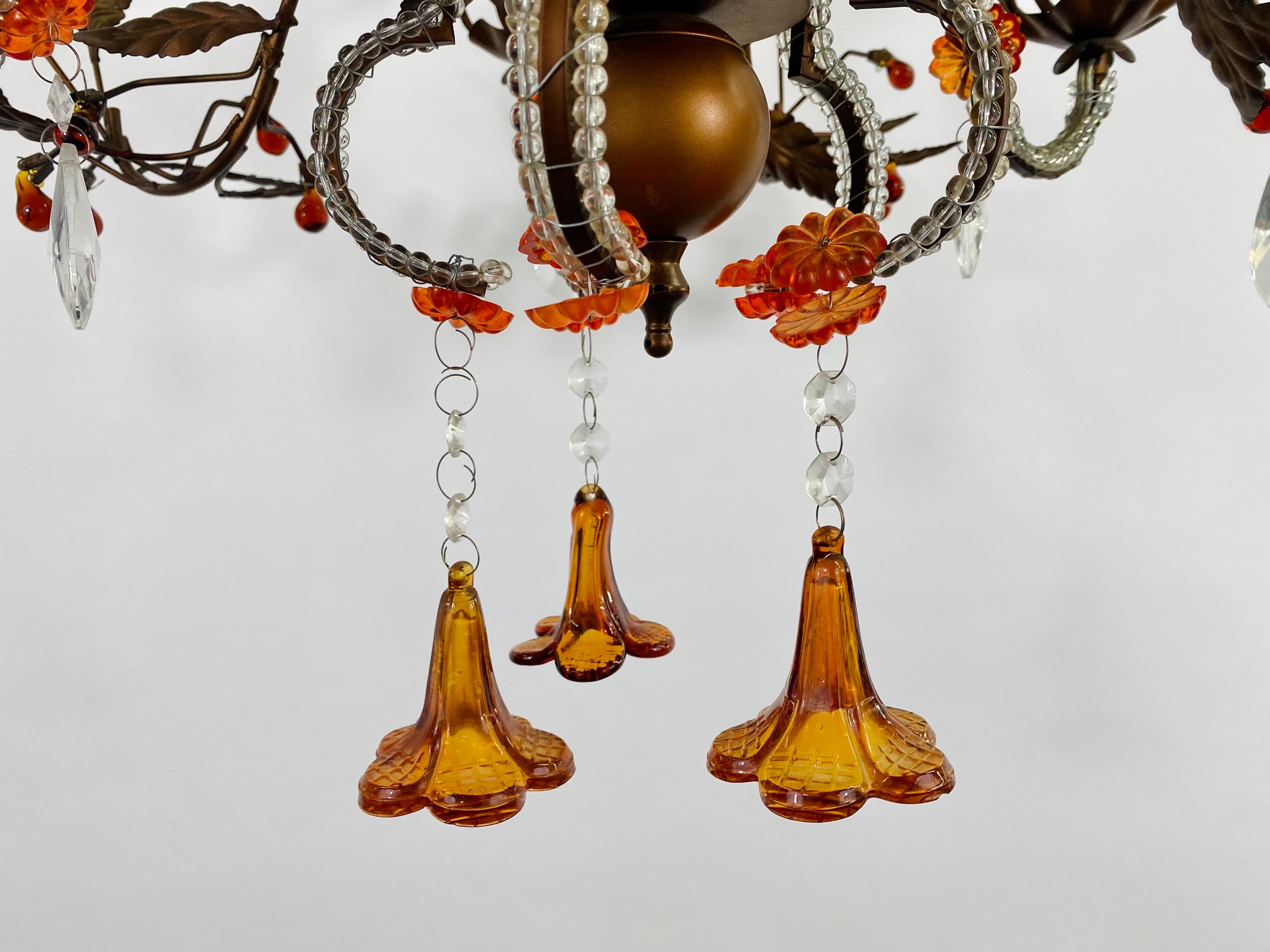20th Century Boho Chic Tole Metal Faux Crystal Leaves & Flowers Chandelier For Sale