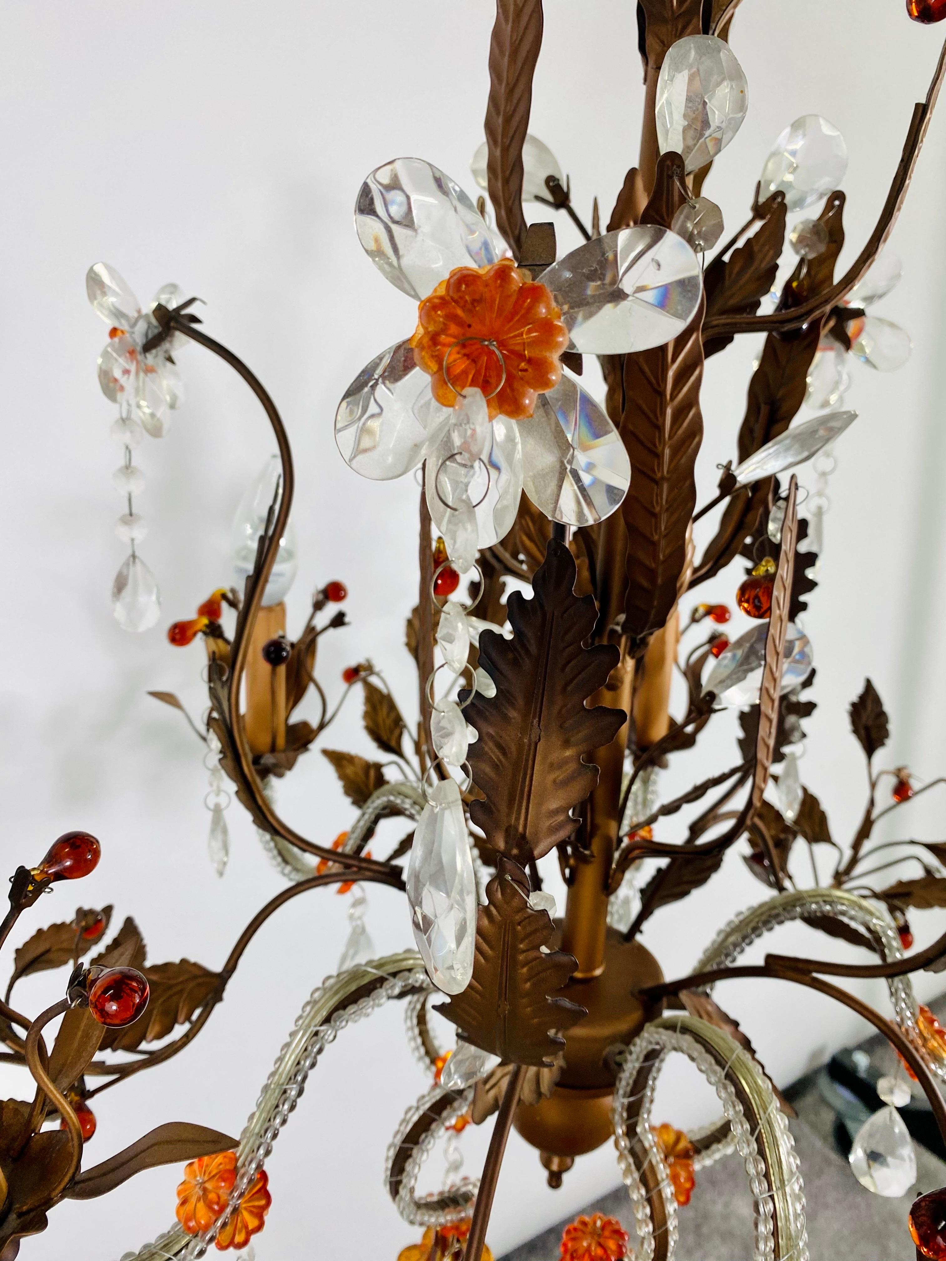 Boho Chic Tole Metal Faux Crystal Leaves & Flowers Chandelier For Sale 2