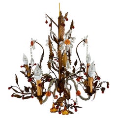 Used Boho Chic Tole Metal Faux Crystal Leaves & Flowers Chandelier