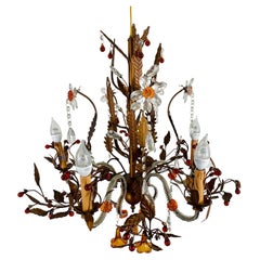 Vintage Boho Chic Tole Metal Faux Crystal Leaves & Flowers Chandelier