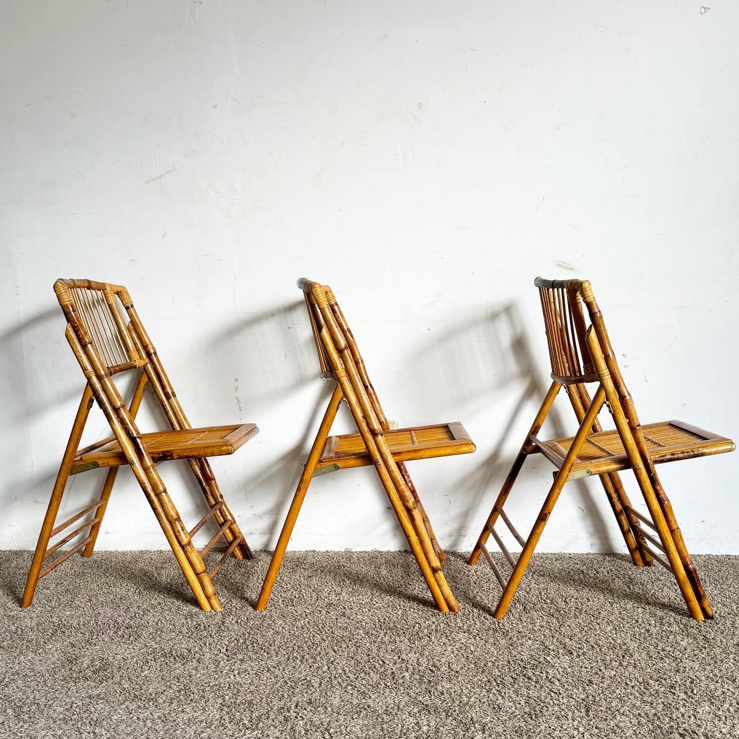 20th Century Boho Chic Tortoise Shell Bamboo Rattan Fold-Up Dining Chairs - Set of 3 For Sale