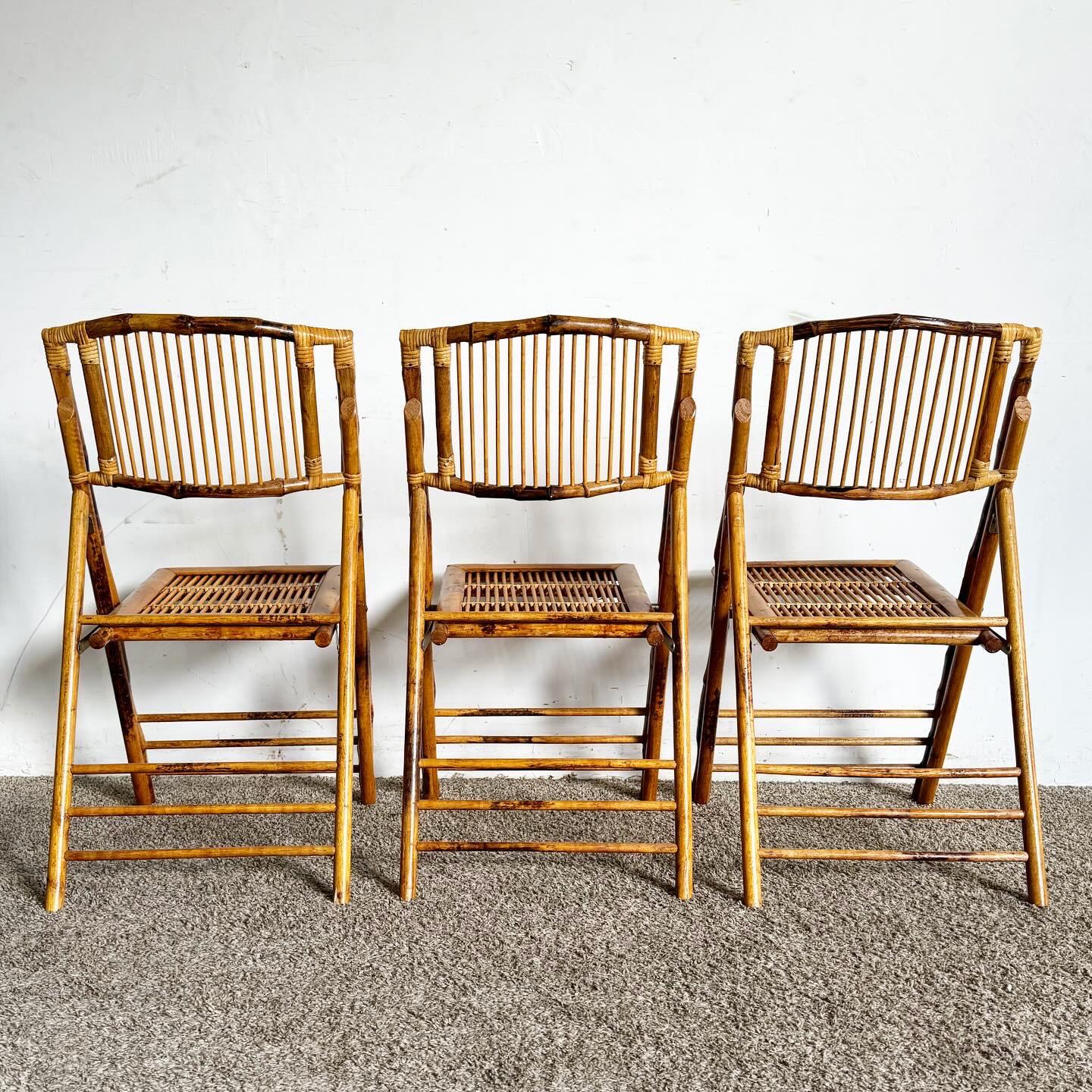 Boho Chic Tortoise Shell Bamboo Rattan Fold-Up Dining Chairs - Set of 3 For Sale 1