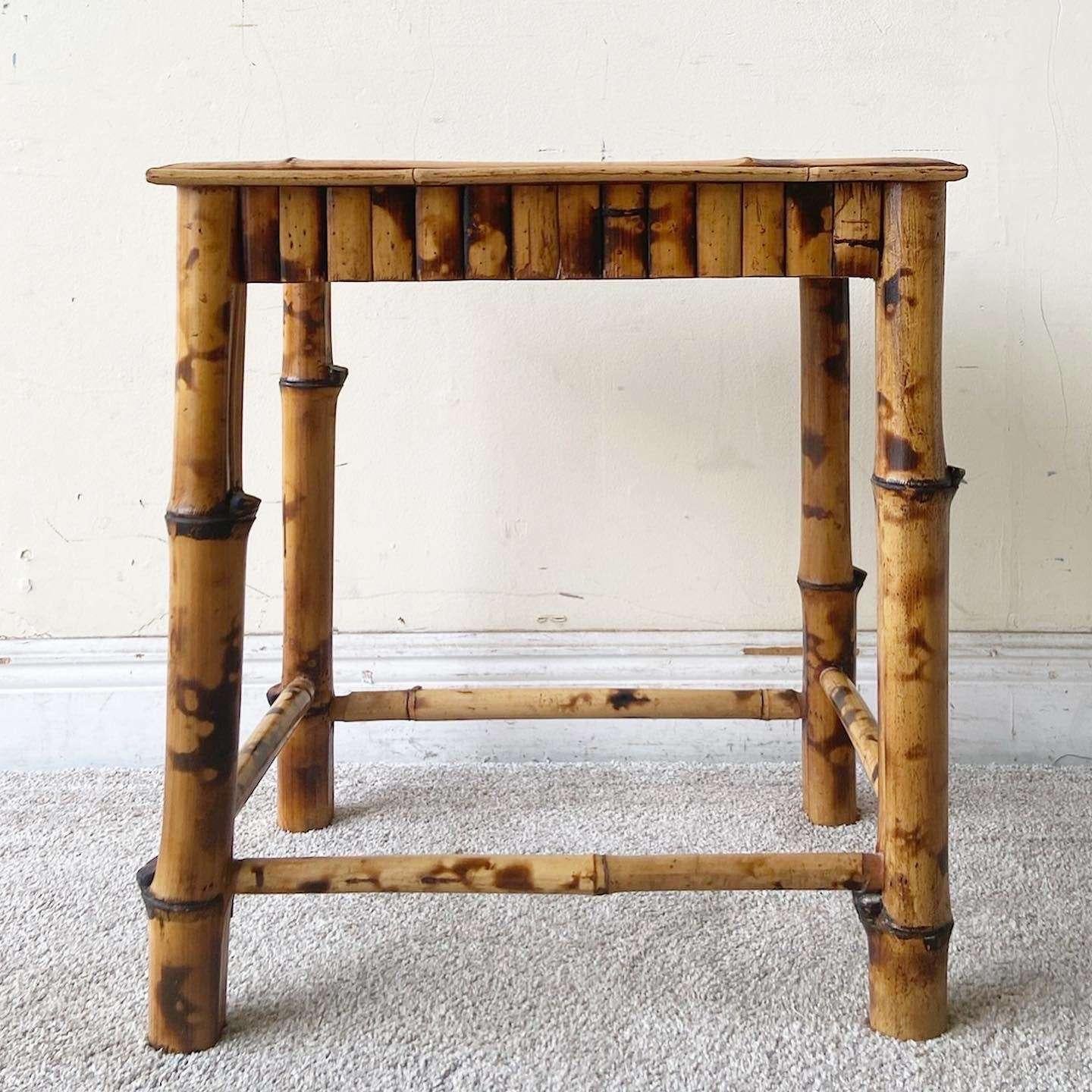 Boho Chic Tortoise Shell Bamboo Side Table In Good Condition In Delray Beach, FL