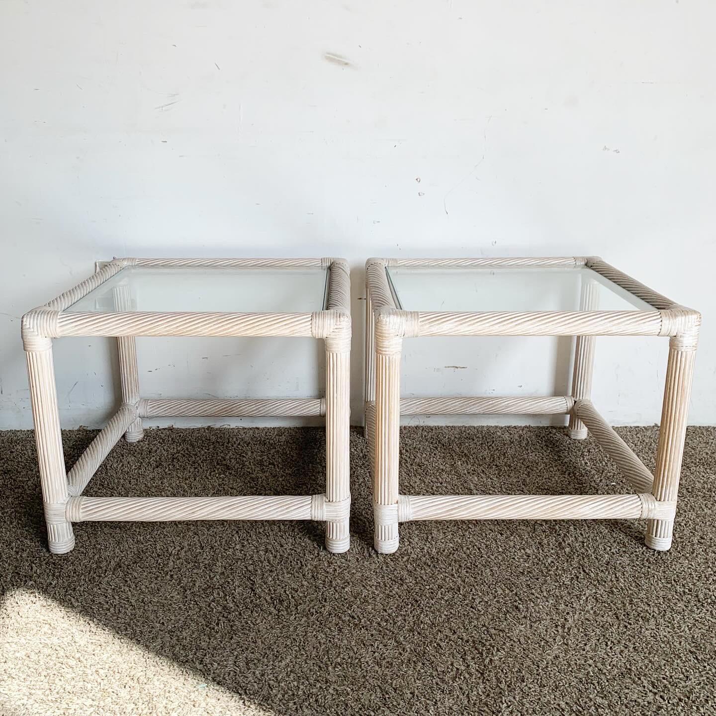 Philippine Boho Chic Twisted Pencil Reed and Rattan Side Tables - a Pair For Sale