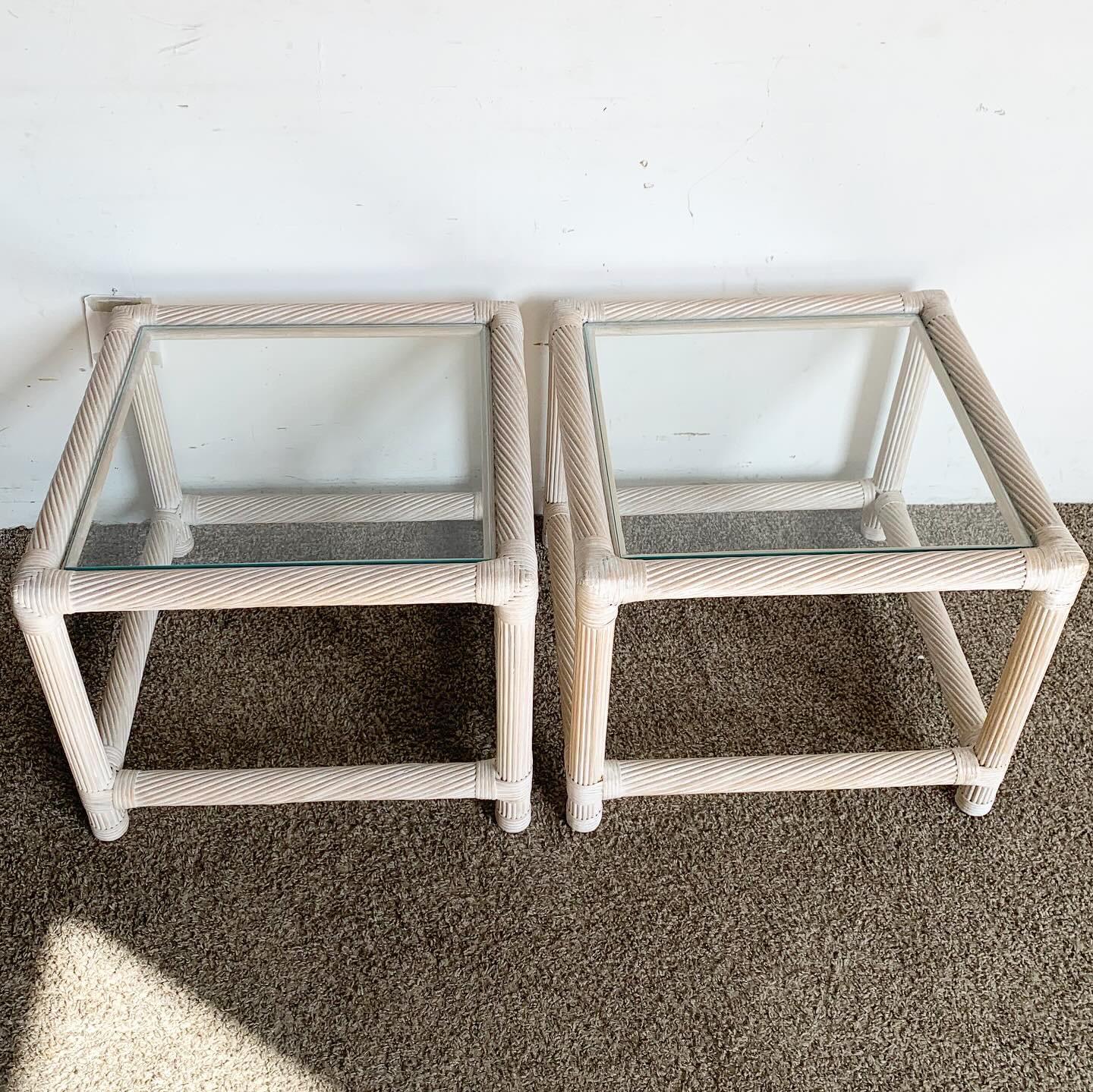 Boho Chic Twisted Pencil Reed and Rattan Side Tables - a Pair In Good Condition For Sale In Delray Beach, FL