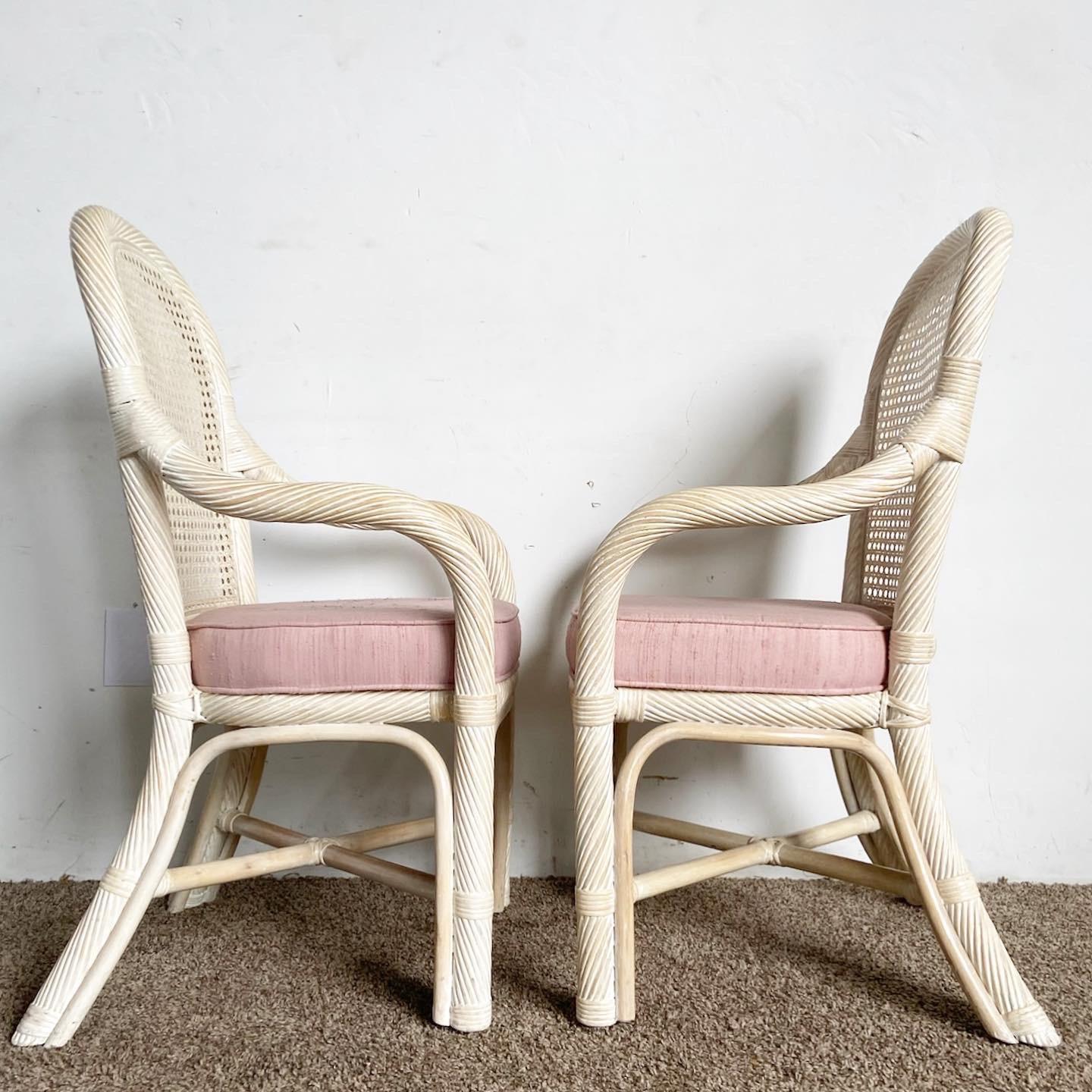 Bohemian Boho Chic Twisted Pencil Reed Cane Back Dining Arm Chairs With Pink Cushions For Sale