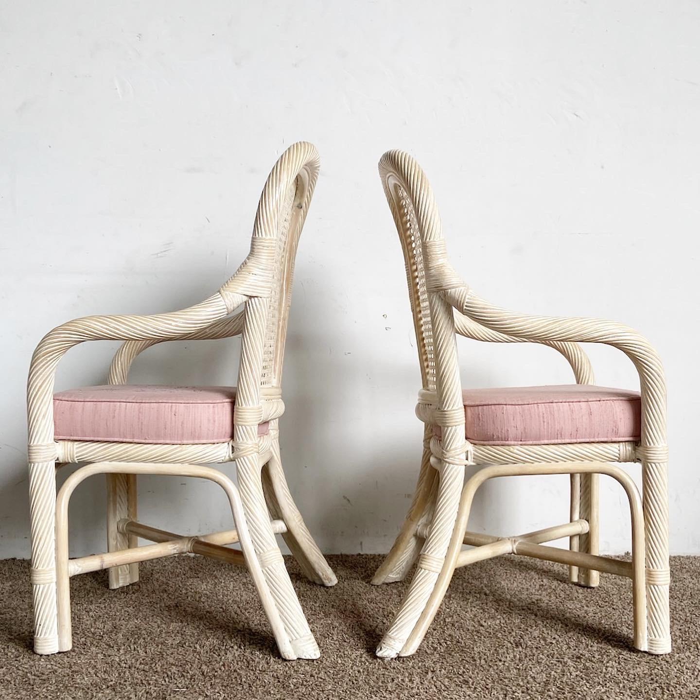 Boho Chic Twisted Pencil Reed Cane Back Dining Arm Chairs With Pink Cushions In Good Condition For Sale In Delray Beach, FL