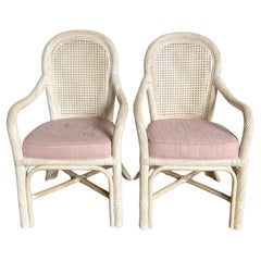 Retro Boho Chic Twisted Pencil Reed Cane Back Dining Arm Chairs With Pink Cushions