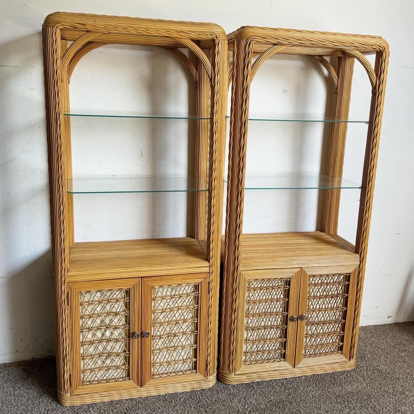 Add a touch of artisanal flair to your home with this pair of Boho Chic Twisted Pencil Reed Etageres. Featuring intricate twisted reed detailing, these pieces embody bohemian elegance and natural beauty. Ideal for showcasing books, plants, or