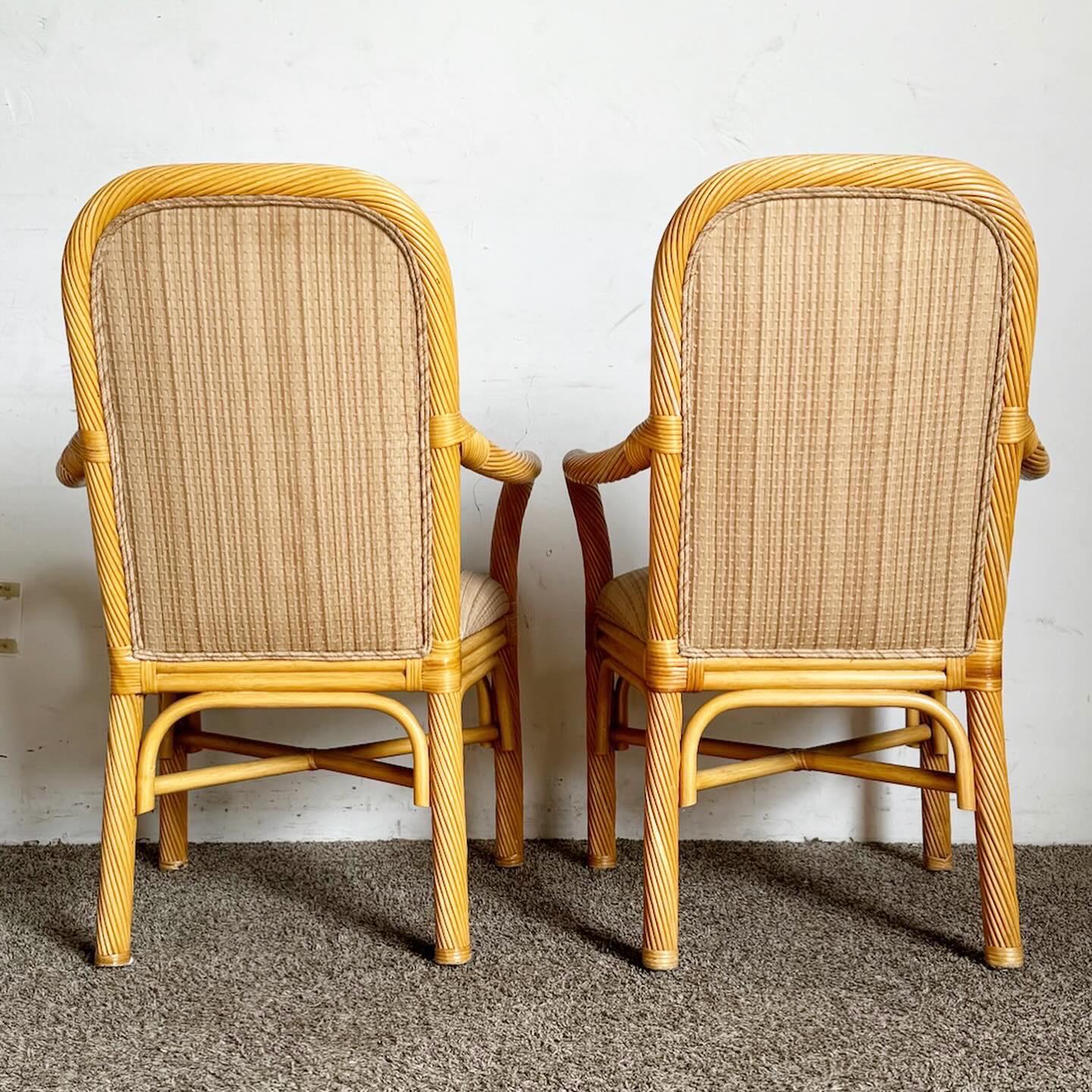 Boho Chic Twisted Pencil Reed Rattan Arm Dining Chairs - Set of 4 In Good Condition For Sale In Delray Beach, FL