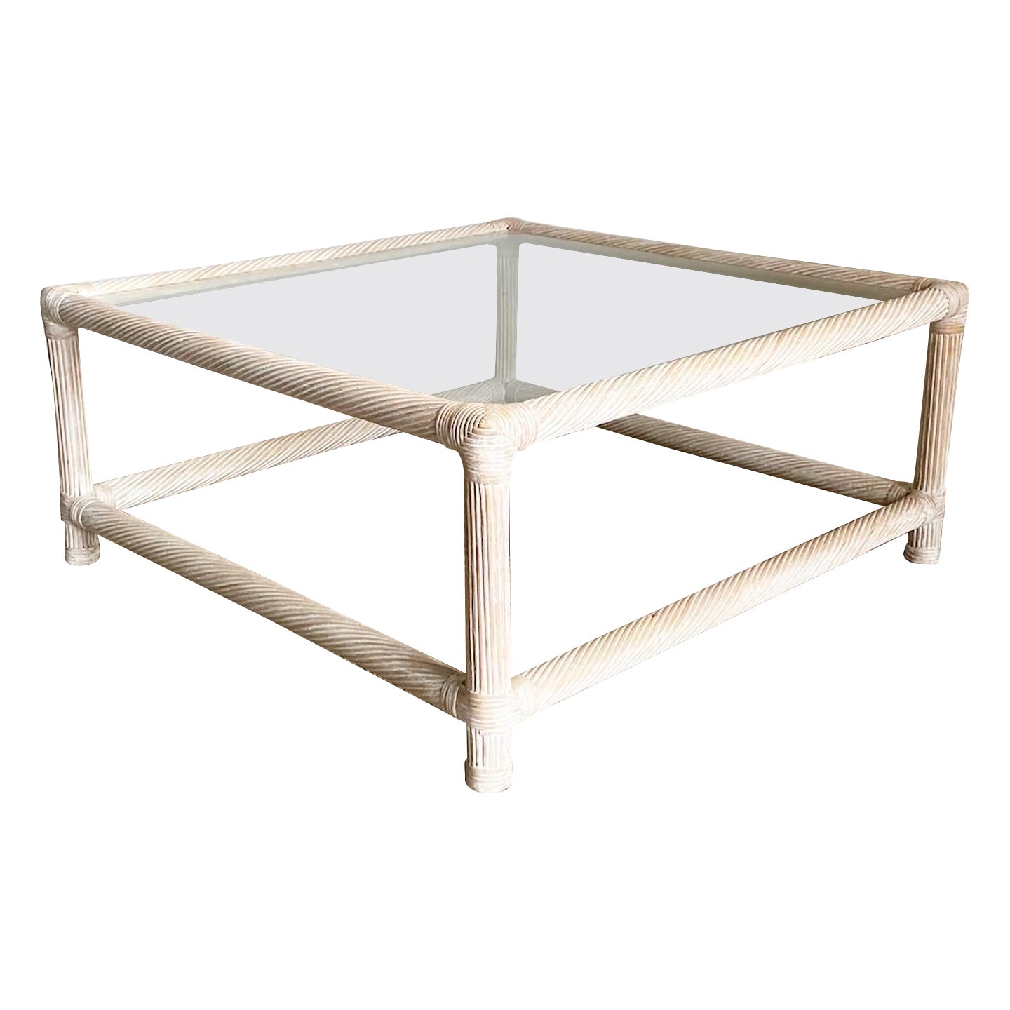 Boho Chic Twisted Pencil Reed Rattan Glass Top Coffee Table