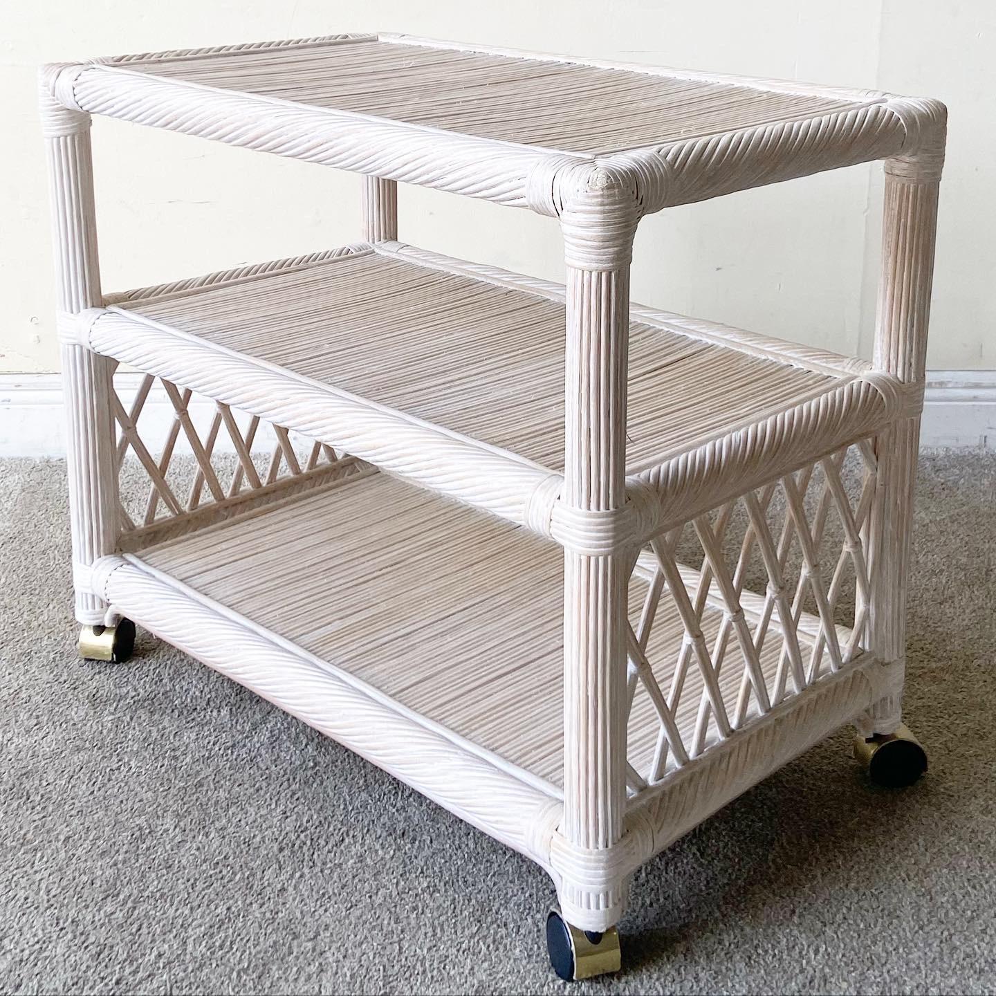 Boho Chic Twisted Pencil Reed Rattan Whitewash Bar Cart In Good Condition For Sale In Delray Beach, FL