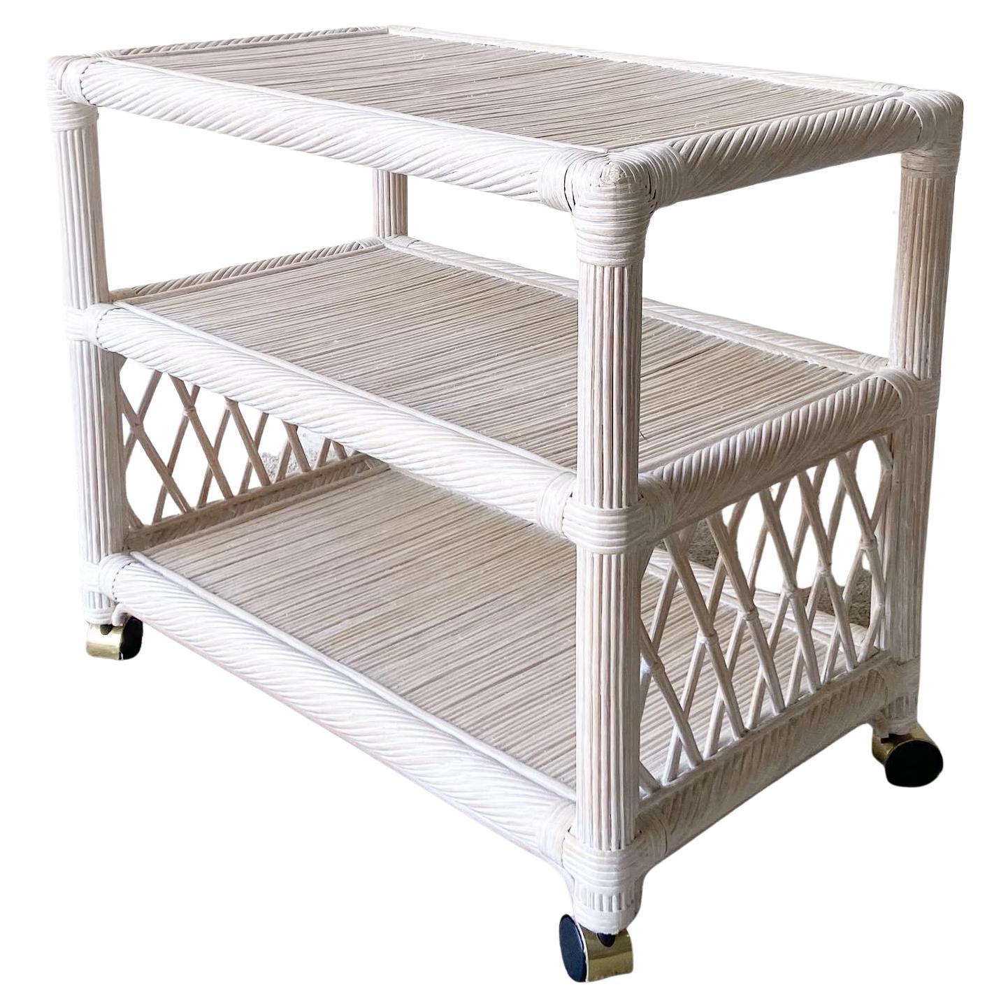 Boho Chic Twisted Pencil Reed Rattan Whitewash Bar Cart For Sale