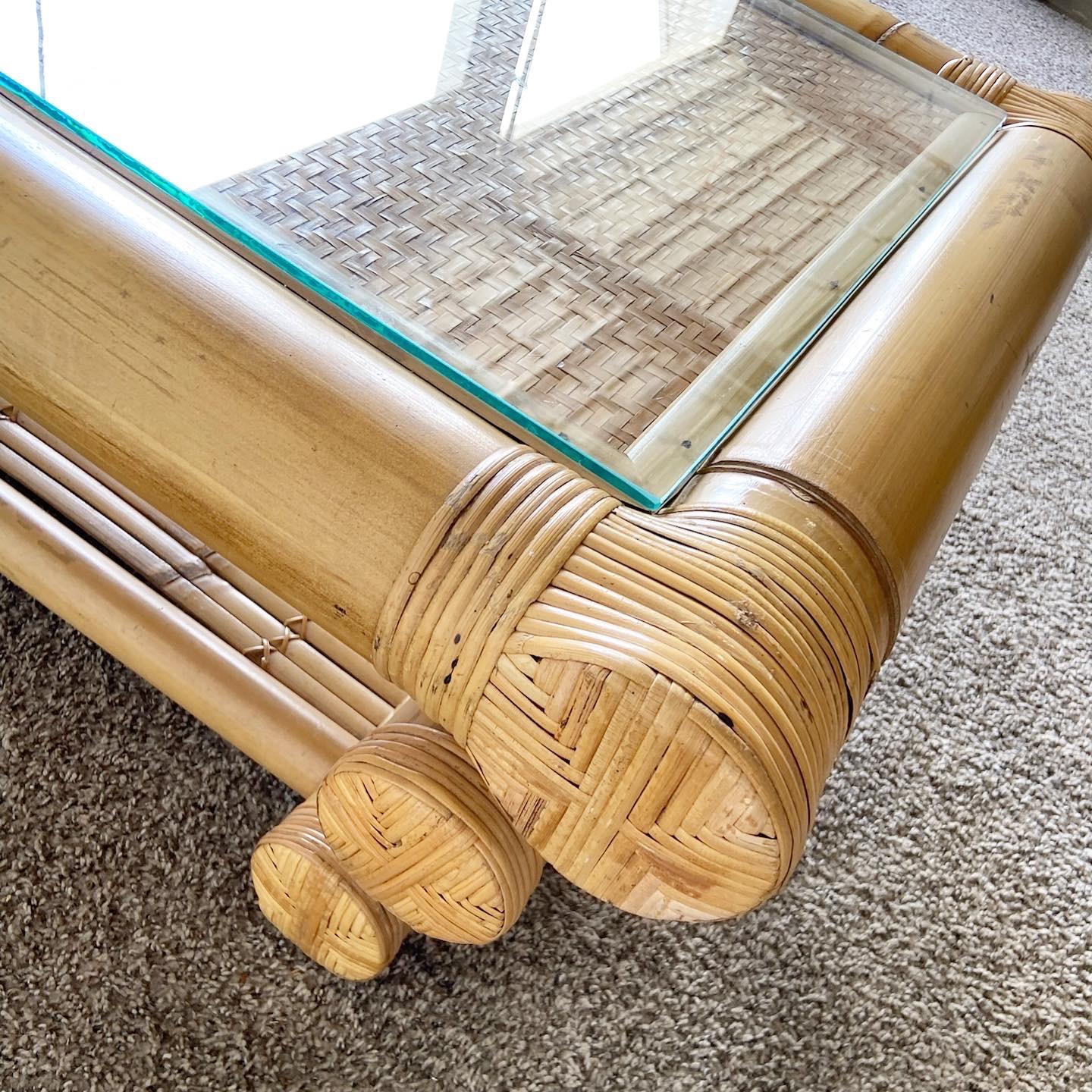 Boho Chic Two Tier Chunky Bamboo Rattan Coffee Table For Sale 3