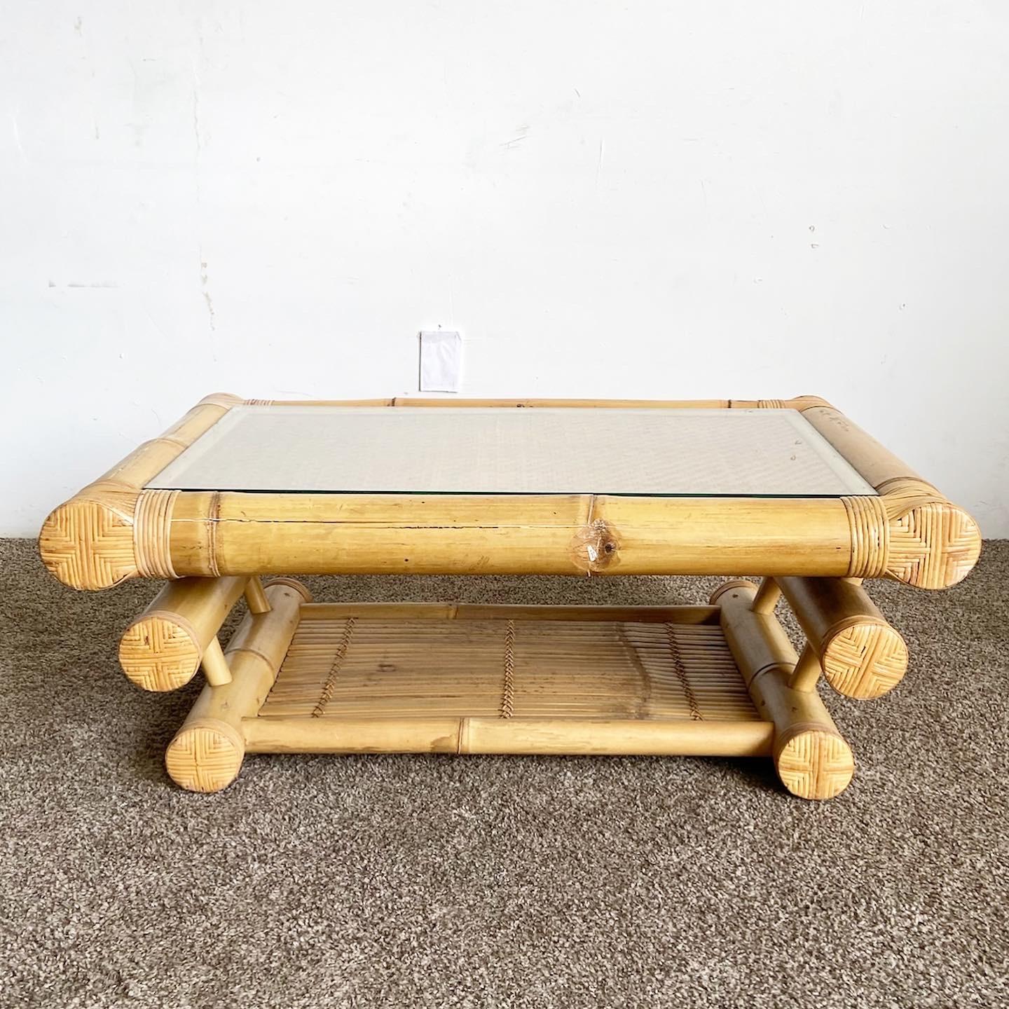 Boho Chic Two Tier Chunky Bamboo Rattan Coffee Table In Good Condition For Sale In Delray Beach, FL