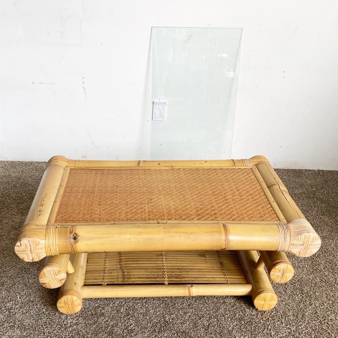 Boho Chic Two Tier Chunky Bamboo Rattan Coffee Table For Sale 1