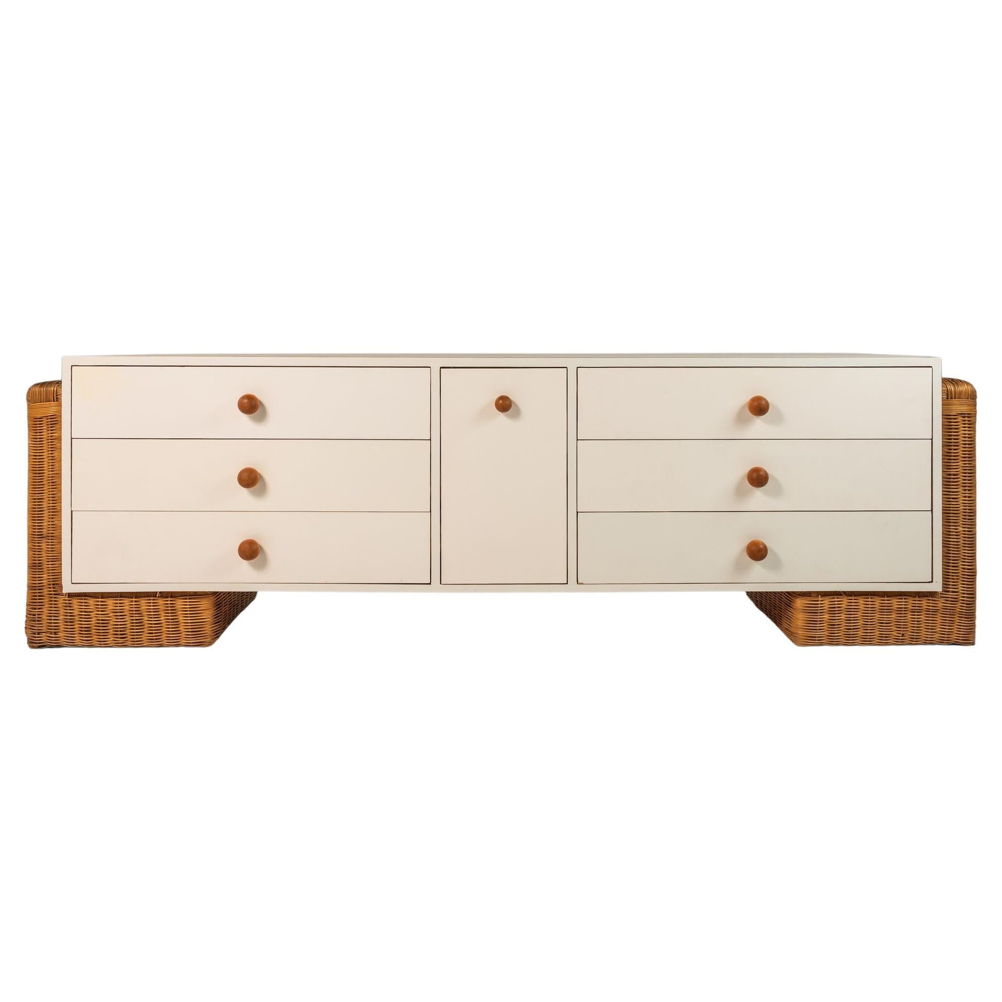 Boho Chic Unique Long Dresser / Case Piece / Sideboard with Rattan Base, 1980s