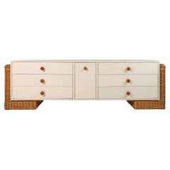 Boho Chic Unique Long Dresser / Case Piece / Sideboard with Rattan Base, 1980s