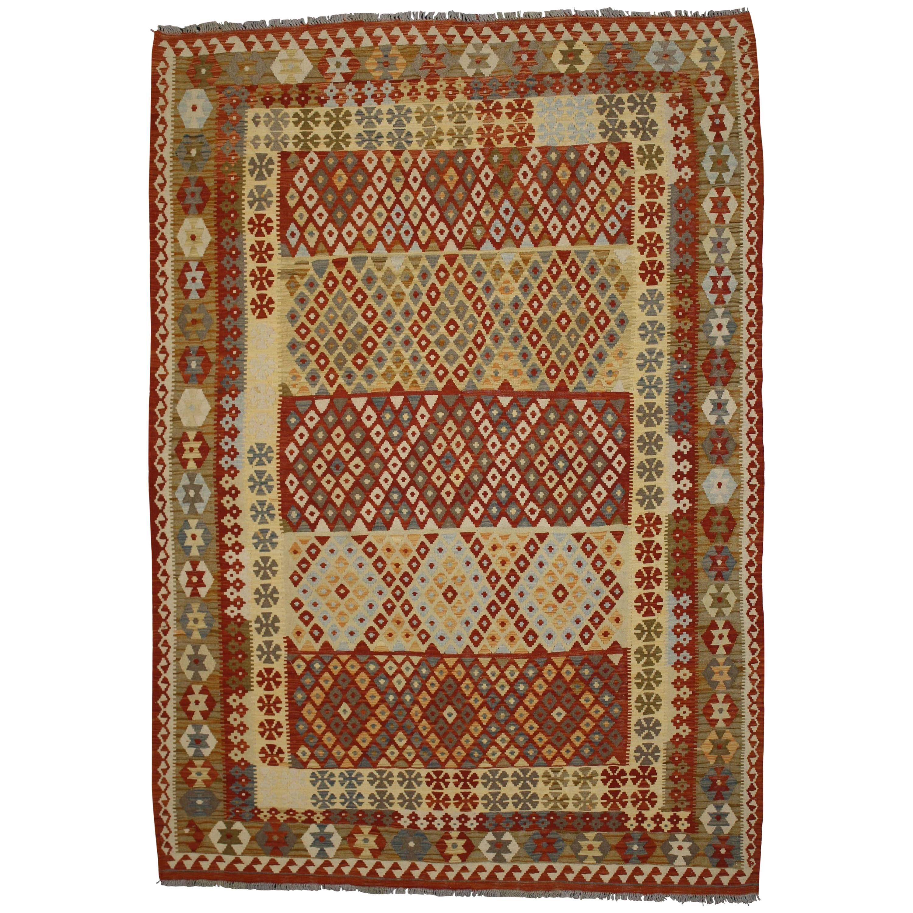 Vintage Afghani Kilim Rug with Red and Black Checkerboard Design For