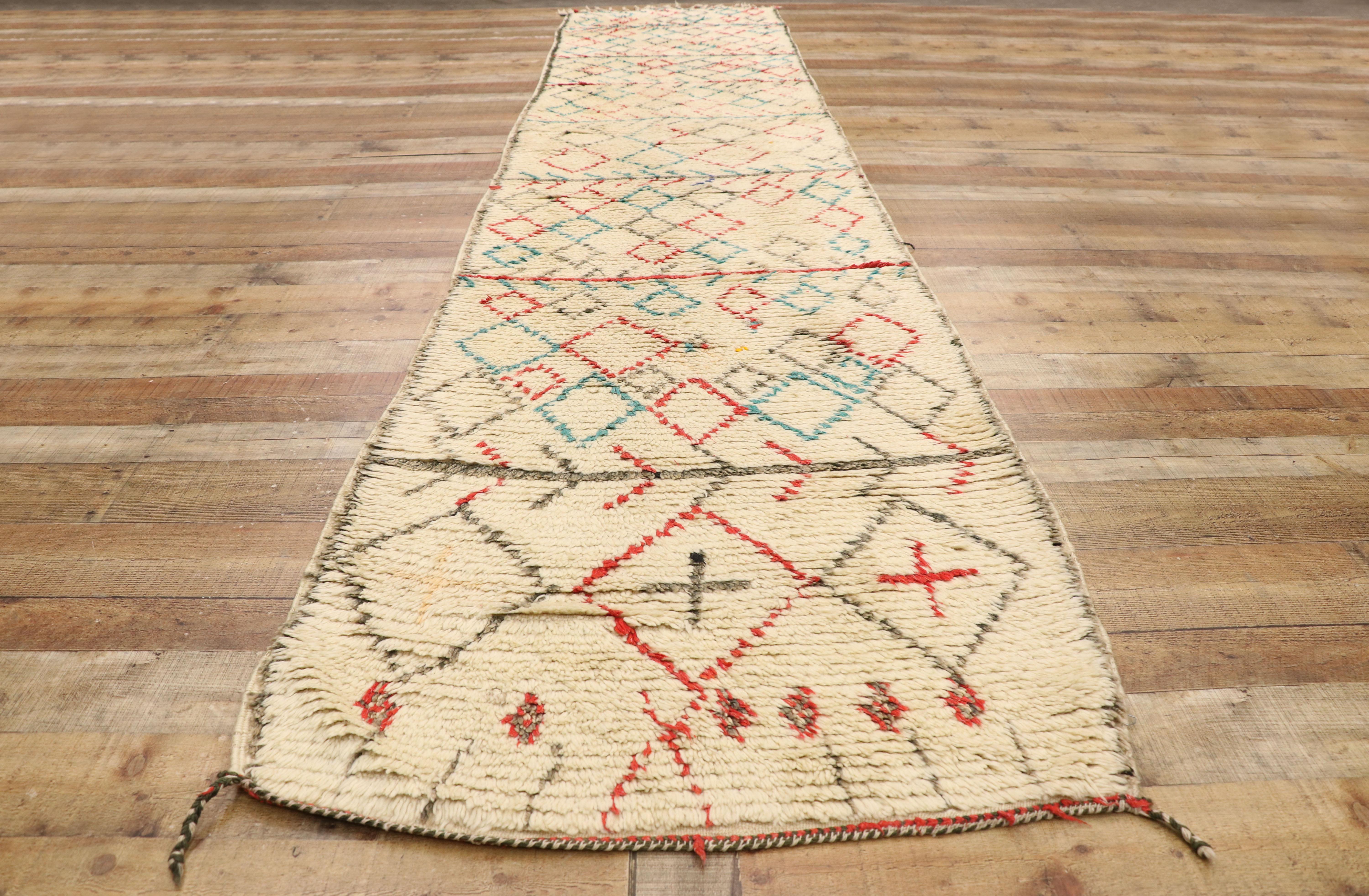Wool Vintage Berber Moroccan Azilal Runner with Boho Chic Tribal Style For Sale