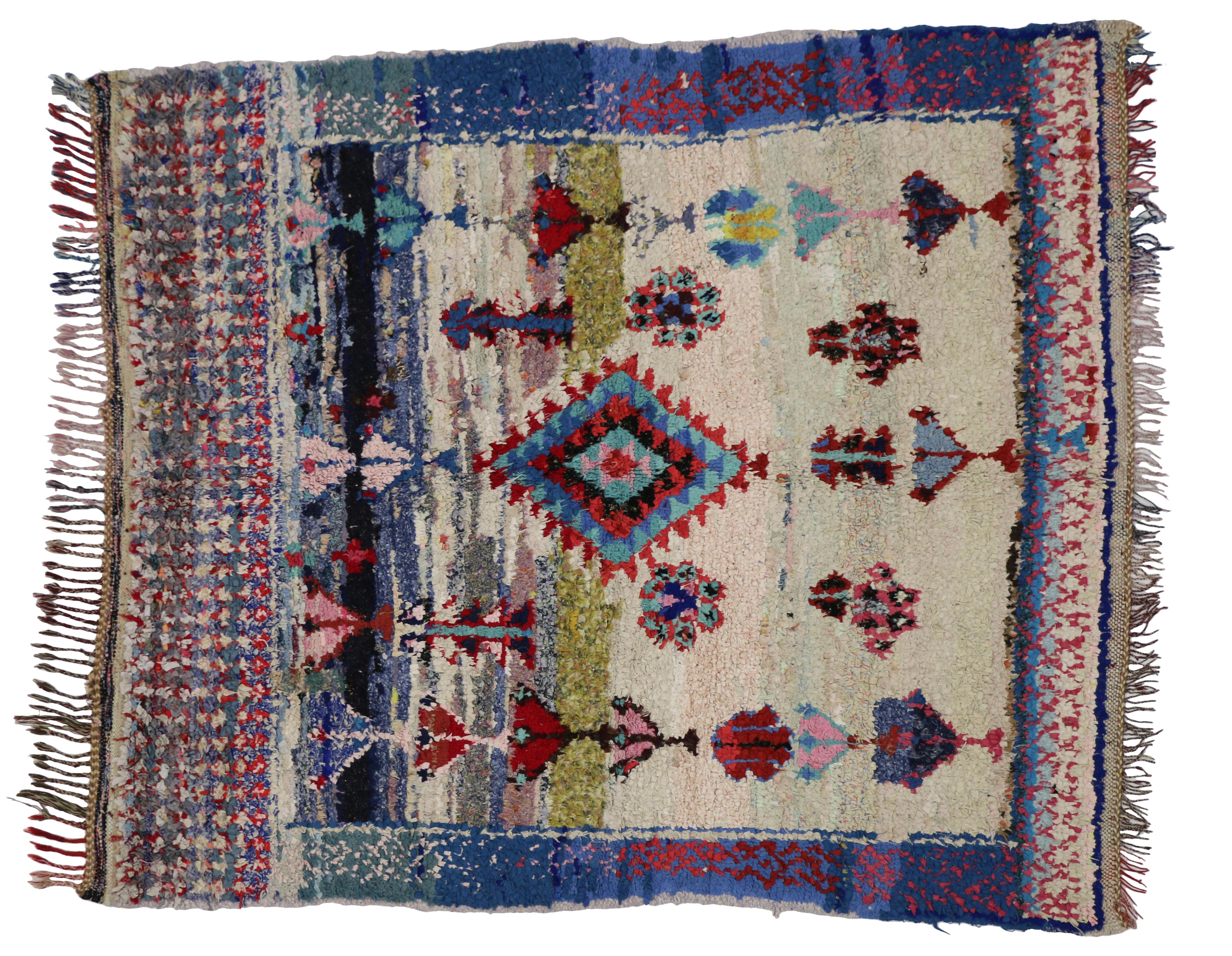 Hand-Knotted Boho Chic Vintage Berber Moroccan Boucherouite Rug, Colorful Moroccan Shag Rug
