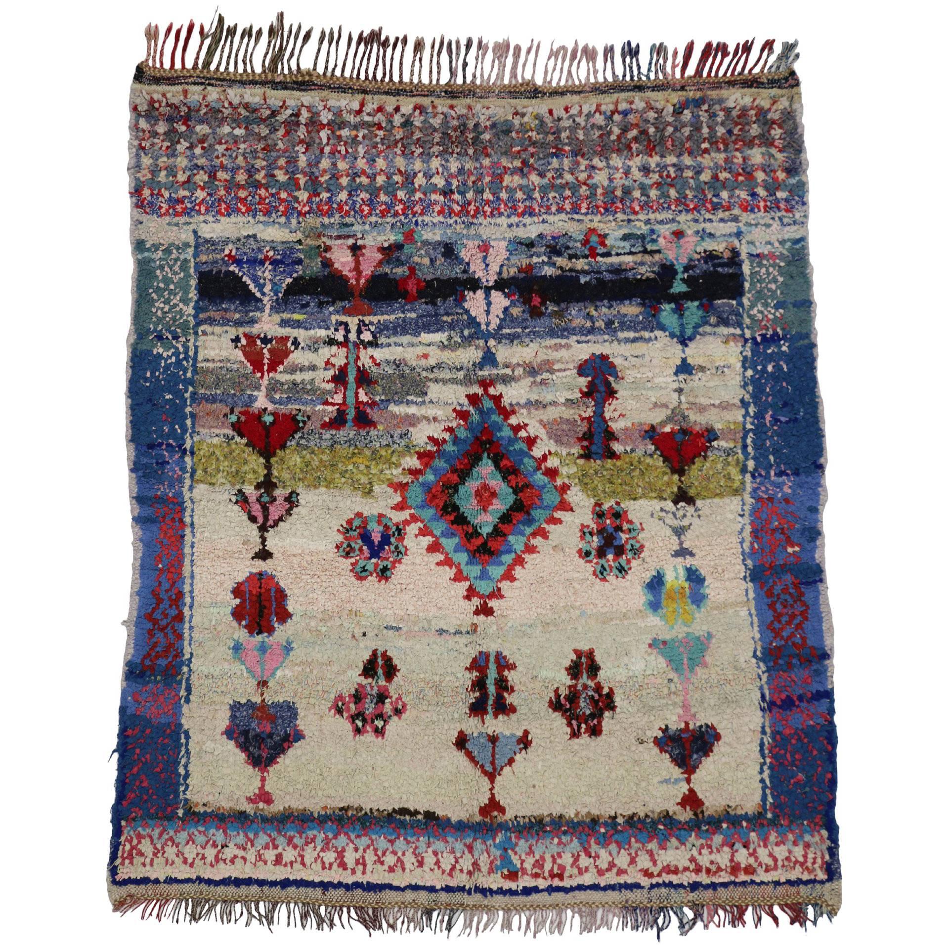 Boho Chic Vintage Berber Moroccan Boucherouite Rug, Colorful Moroccan Shag Rug