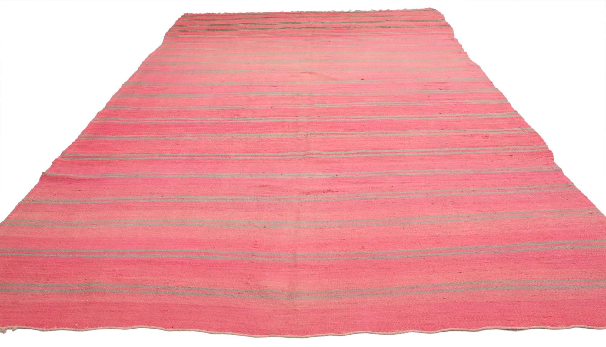 20535, Boho Chic vintage Berber Moroccan Kilim rug with stripes. This handwoven wool Vintage Berber Moroccan Kilim rug with stripes and Boho Chic style is rendered in variegated shades of coral, salmon, pink, mint and green. The bohemian vibe,