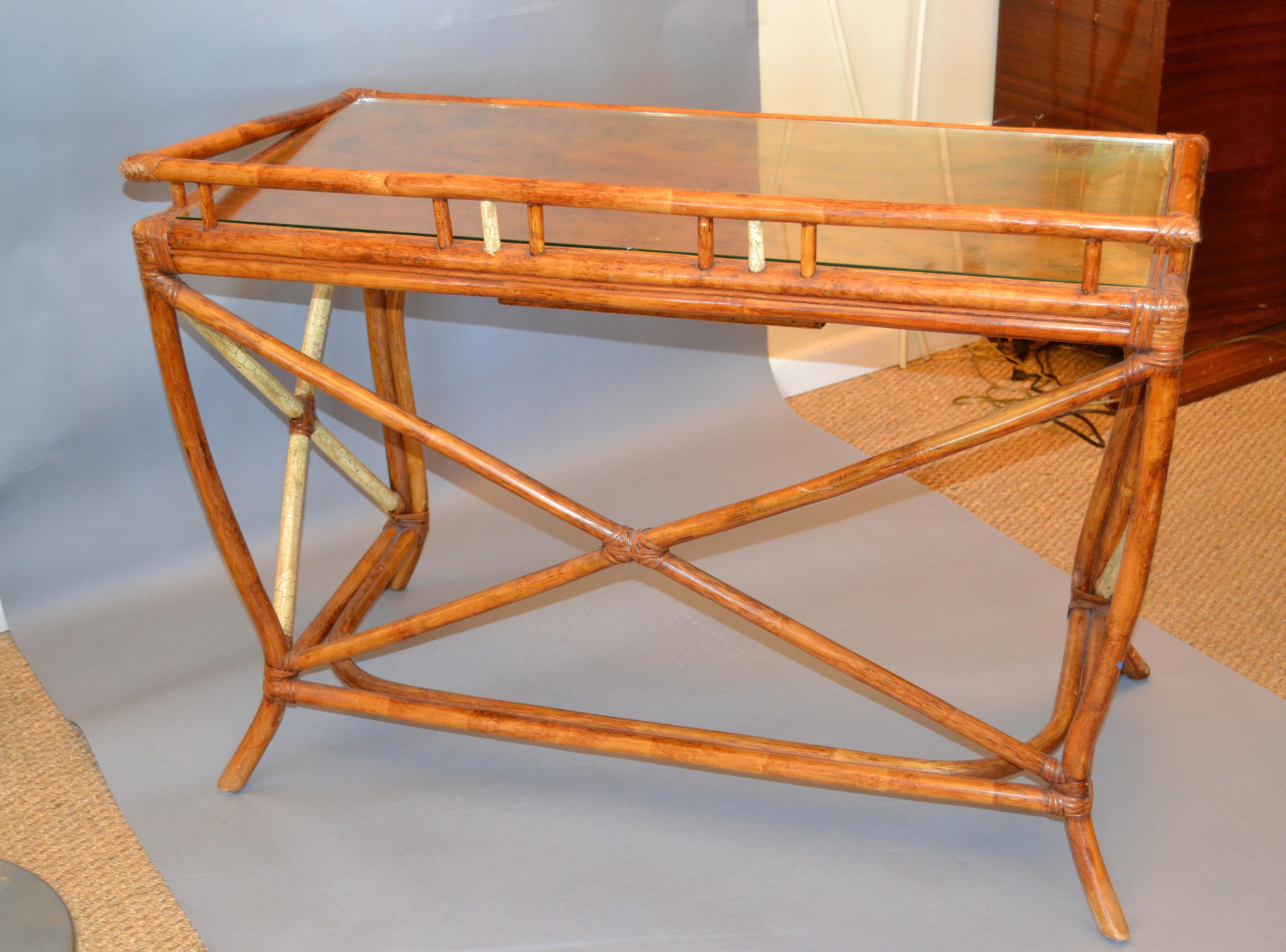 Boho Chic Vintage Handcrafted Bamboo Desk, Writing Desk with Drawer & Glass Top  4