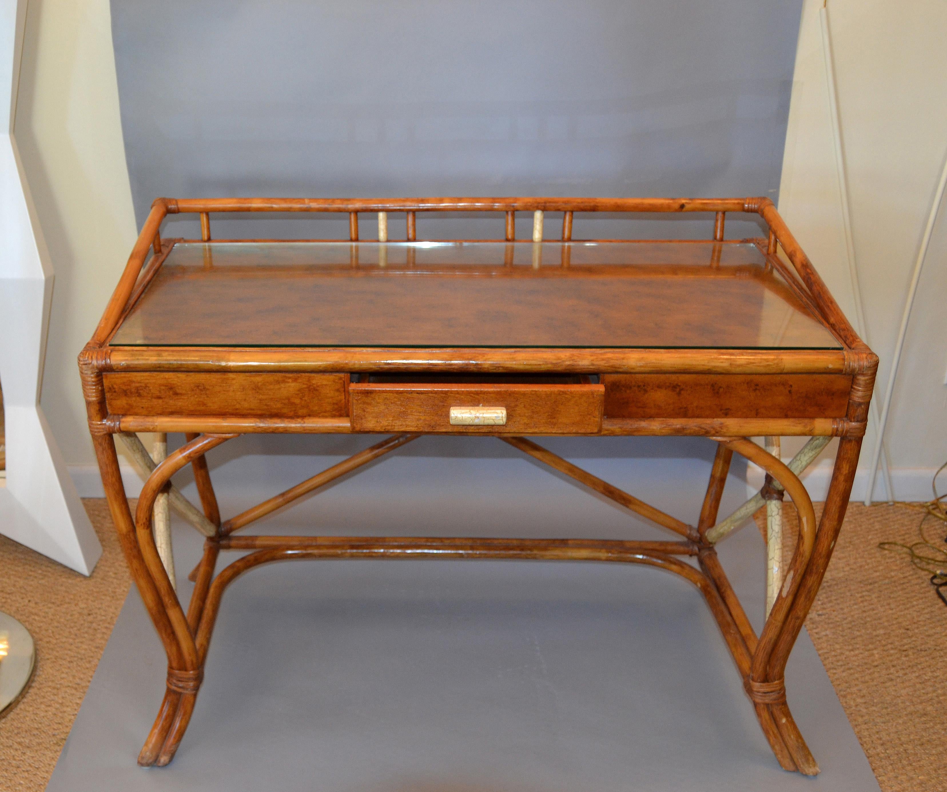 Boho Chic Vintage Handcrafted Bamboo Desk, Writing Desk with Drawer & Glass Top  6
