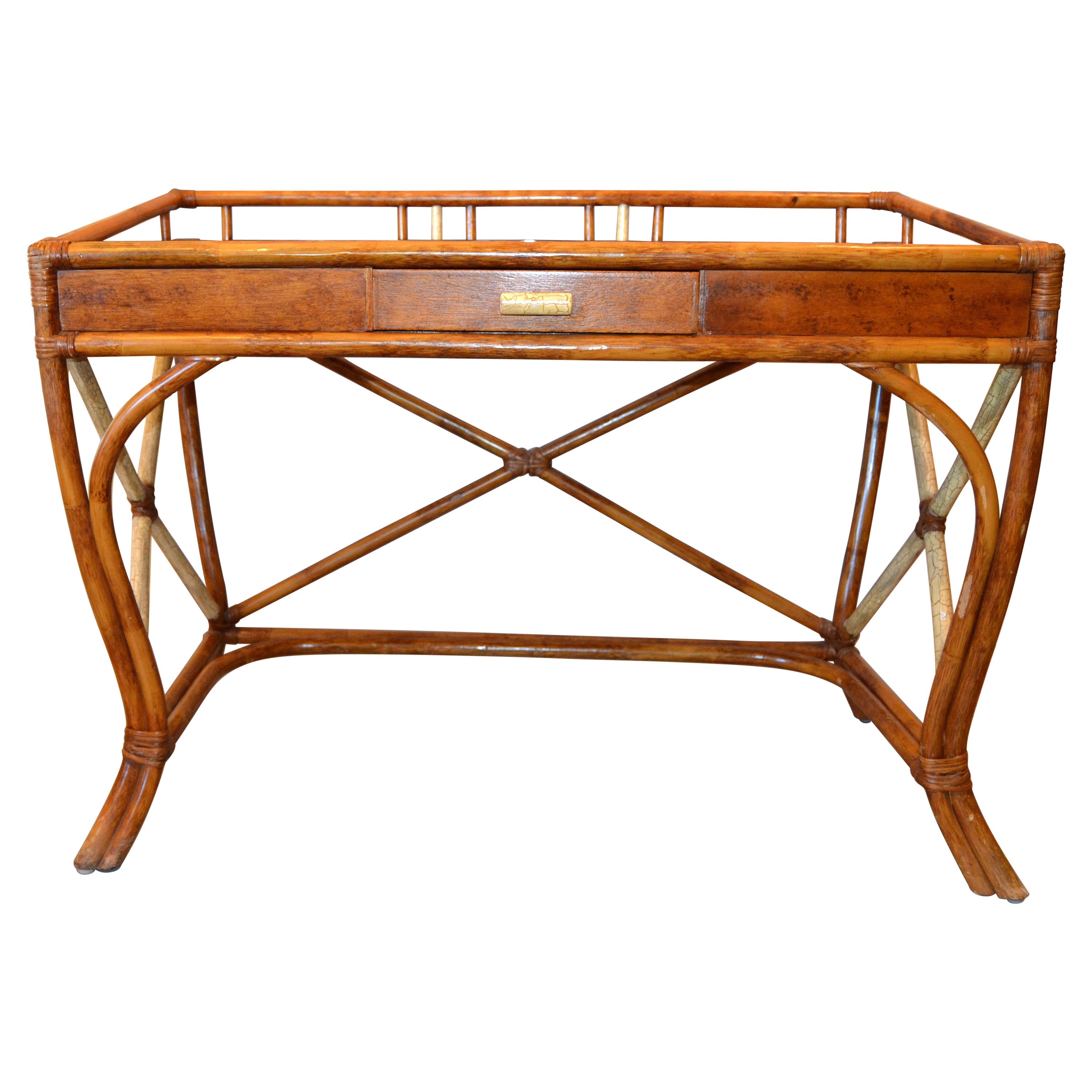 Boho Chic Vintage Handcrafted Bamboo Desk, Writing Desk with Drawer & Glass Top 