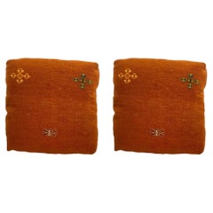 Boho Chic Vintage Tribal Kilim Square Large Pillow in Orange Pumpkin, a Pair 