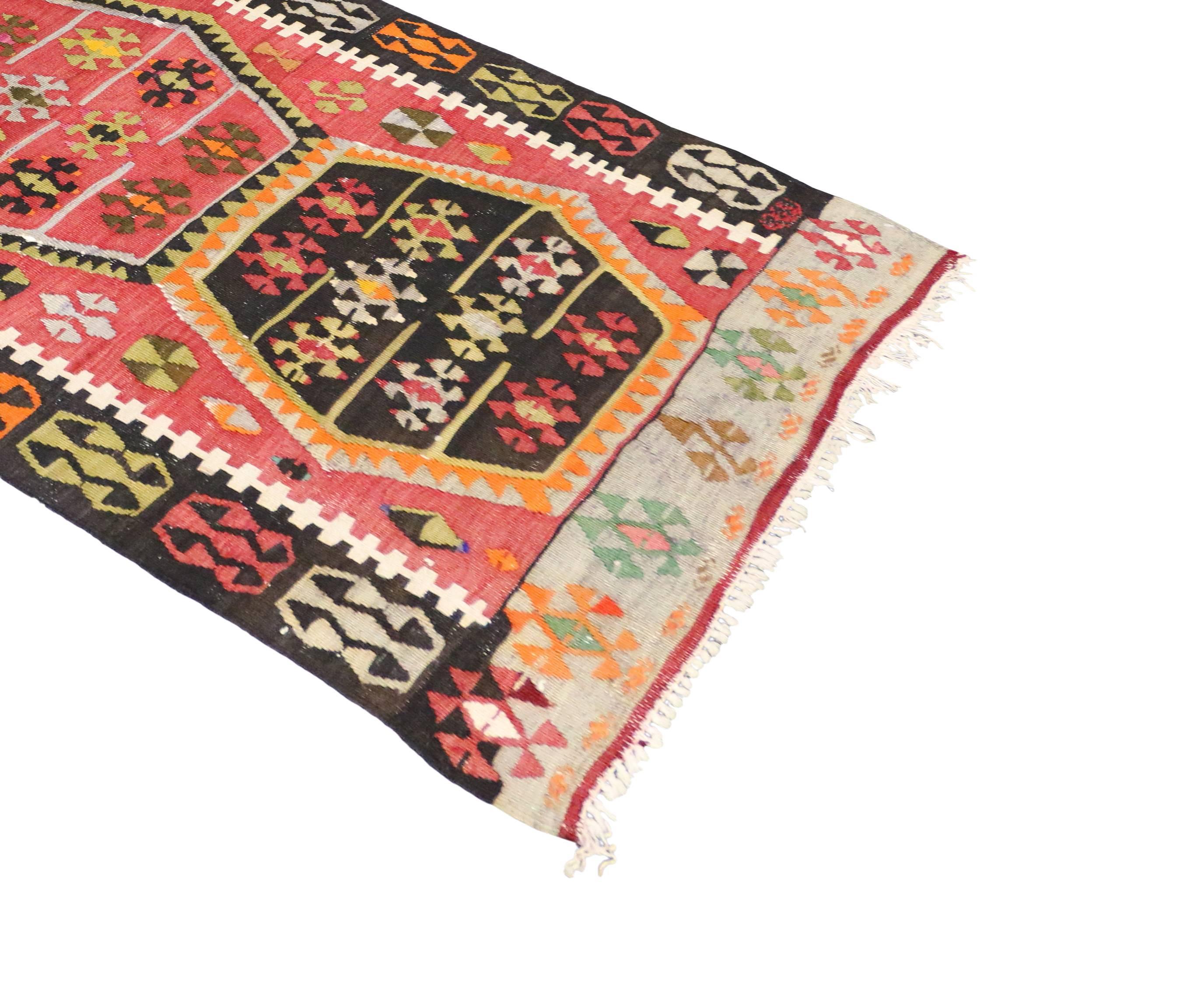 74052, vintage Turkish Kilim tribal runner, extra long hallway runner. This boho chic extra-long Kilim runner is anything but boring. Made from hand-woven wool vintage Turkish Kilim runner features an allover geometric pattern in vibrant colors. A