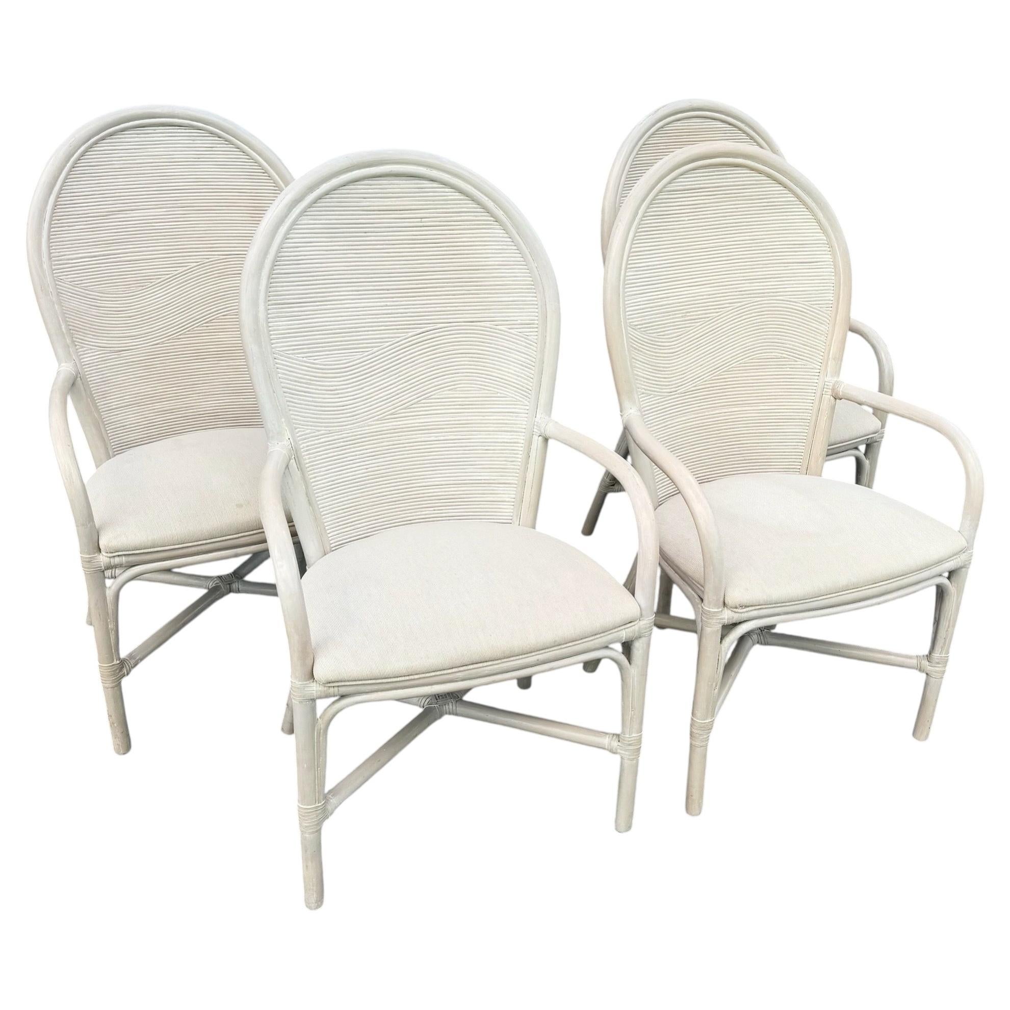 Boho Chic Wavy Pencil Reed and Rattan Dining Arm Chairs - Set of 4 For Sale