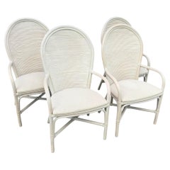 Boho Chic Wavy Pencil Reed and Rattan Dining Arm Chairs - Set of 4