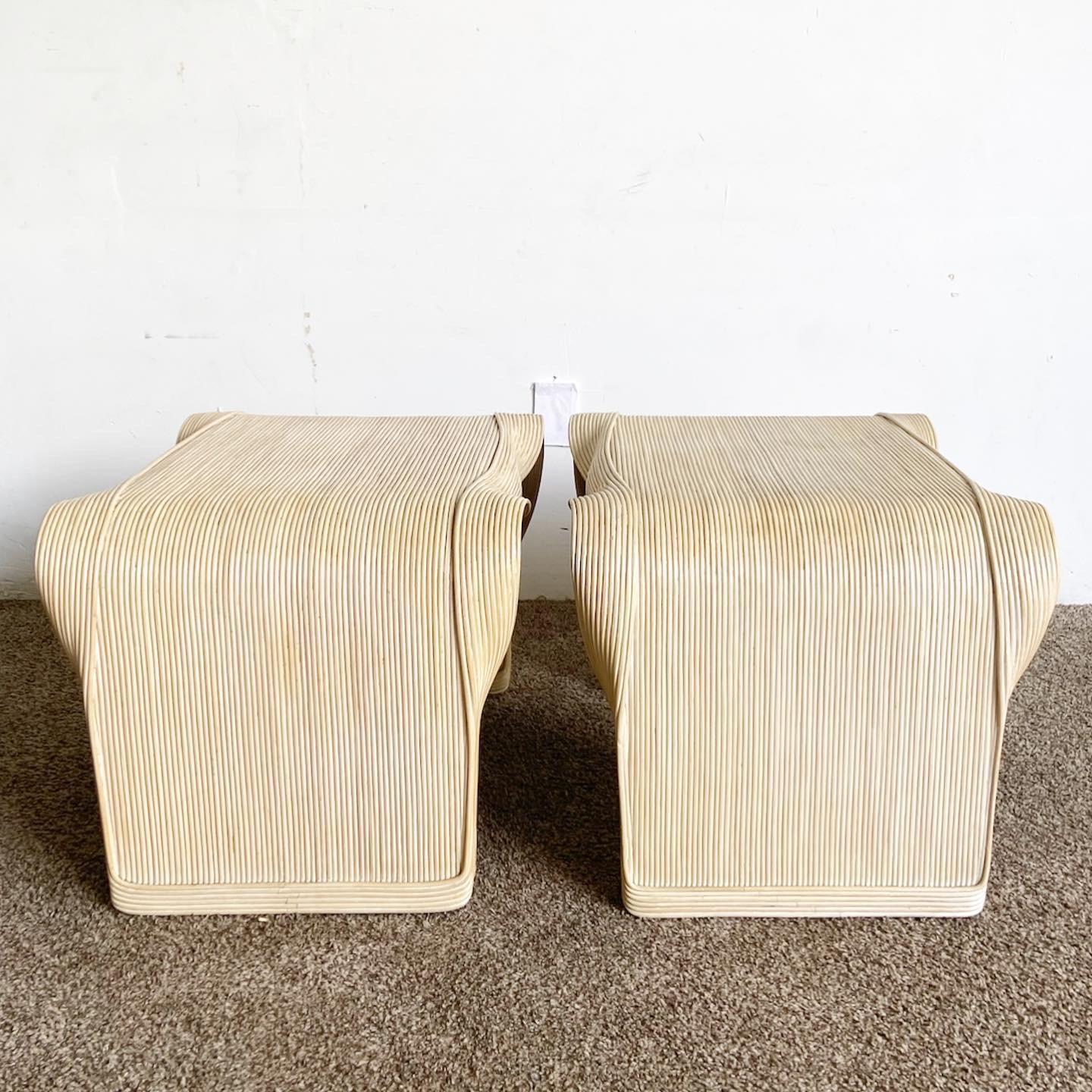 Philippine Boho Chic Wavy Ribbon Pencil Reed Side Tables - a Pair For Sale
