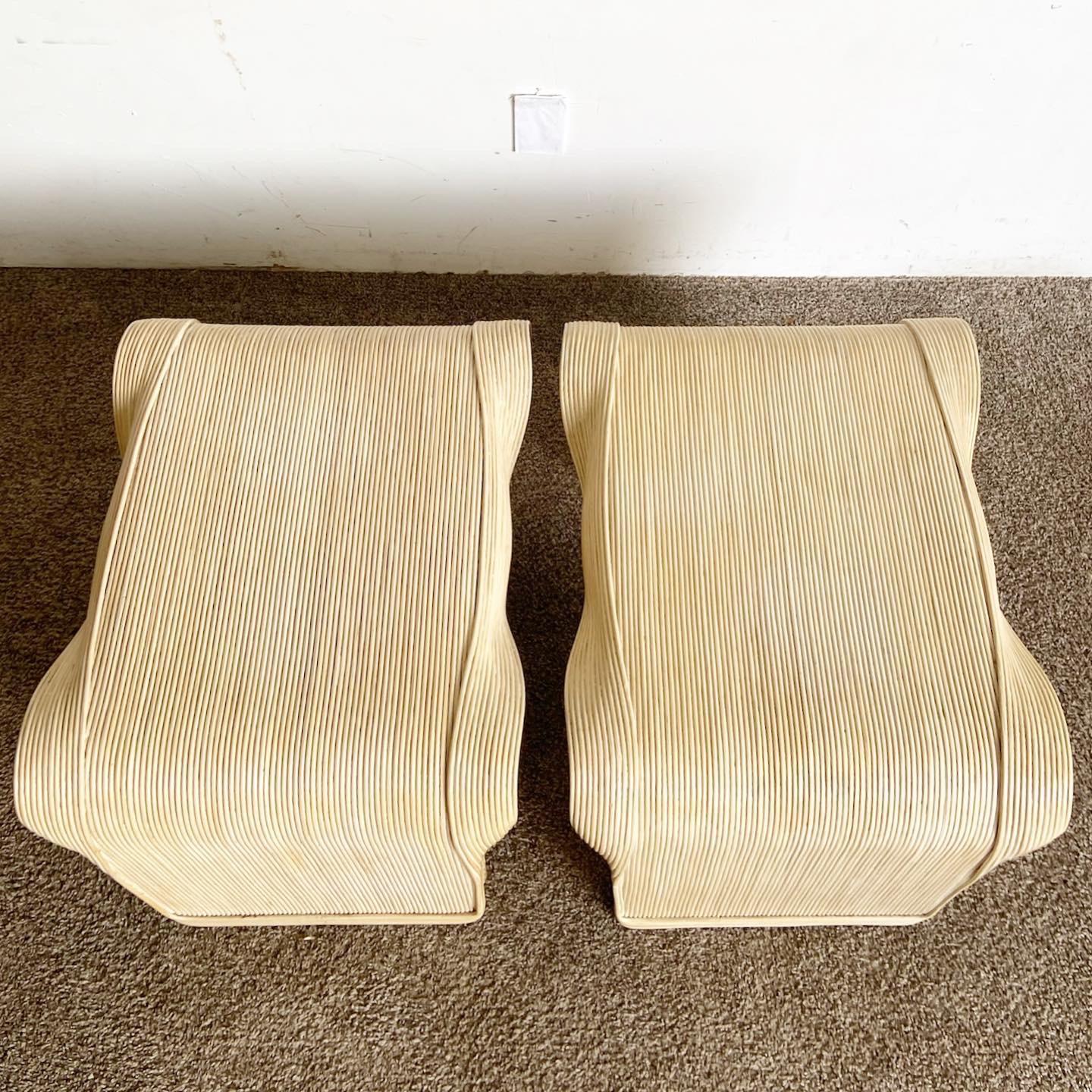 Boho Chic Wavy Ribbon Pencil Reed Side Tables - a Pair In Good Condition For Sale In Delray Beach, FL