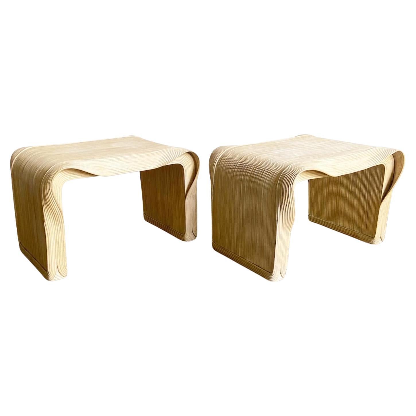 Boho Chic Wavy Ribbon Pencil Reed Side Tables - a Pair For Sale