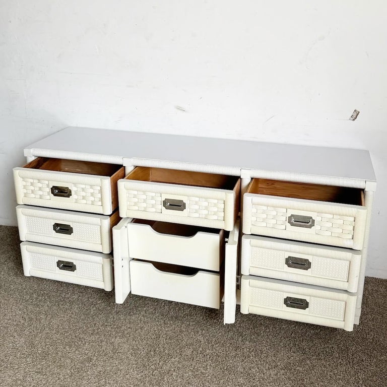 white bohemian dresser VINGLI White Dresser 6 Drawer, 47.2" W Rattan Boho Dresser