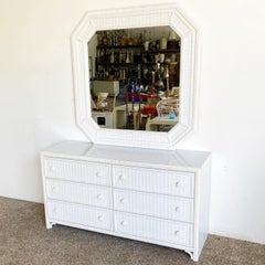 Boho Chic White Faux Rattan and Wicker Dresser with Mirror