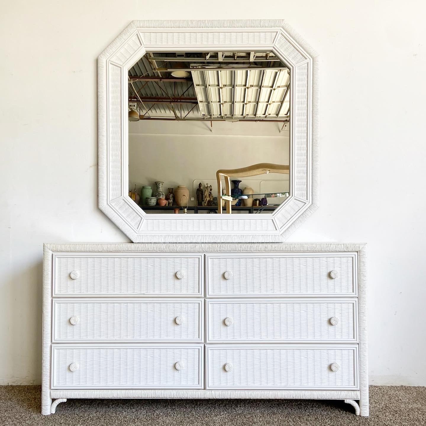 white wicker dresser with mirror