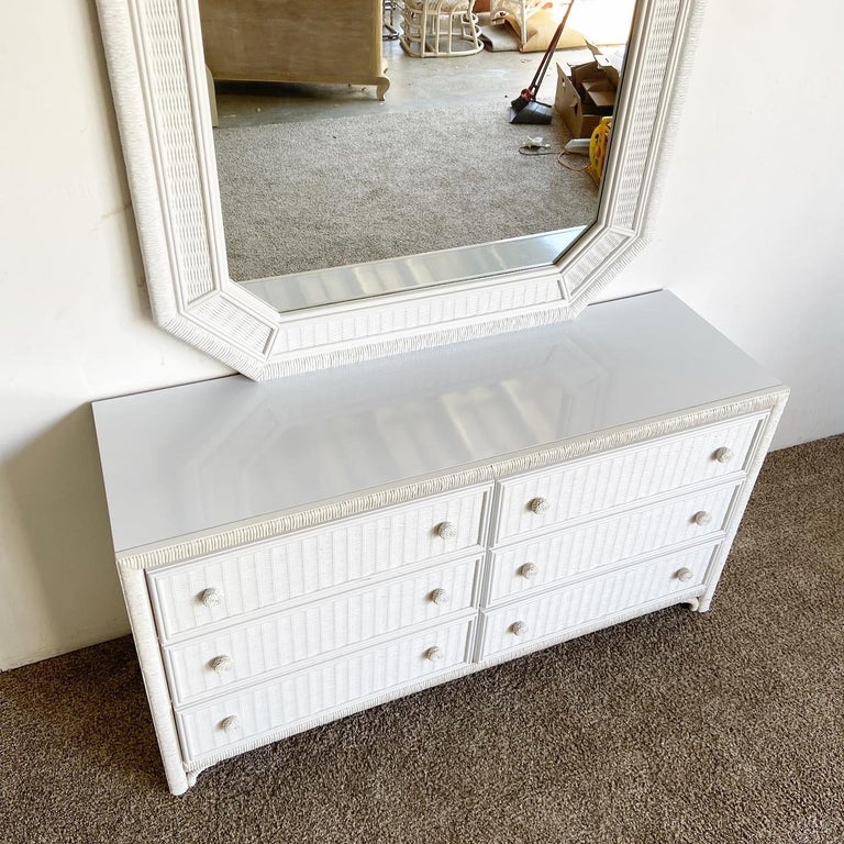 Boho Chic White Faux Rattan and Wicker Dresser with Mirror For Sale at ...