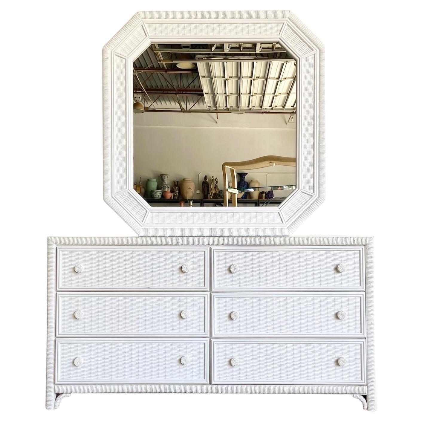 Boho Chic White Faux Rattan and Wicker Dresser with Mirror For Sale