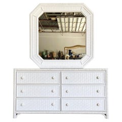 Boho Chic White Faux Rattan and Wicker Dresser with Mirror