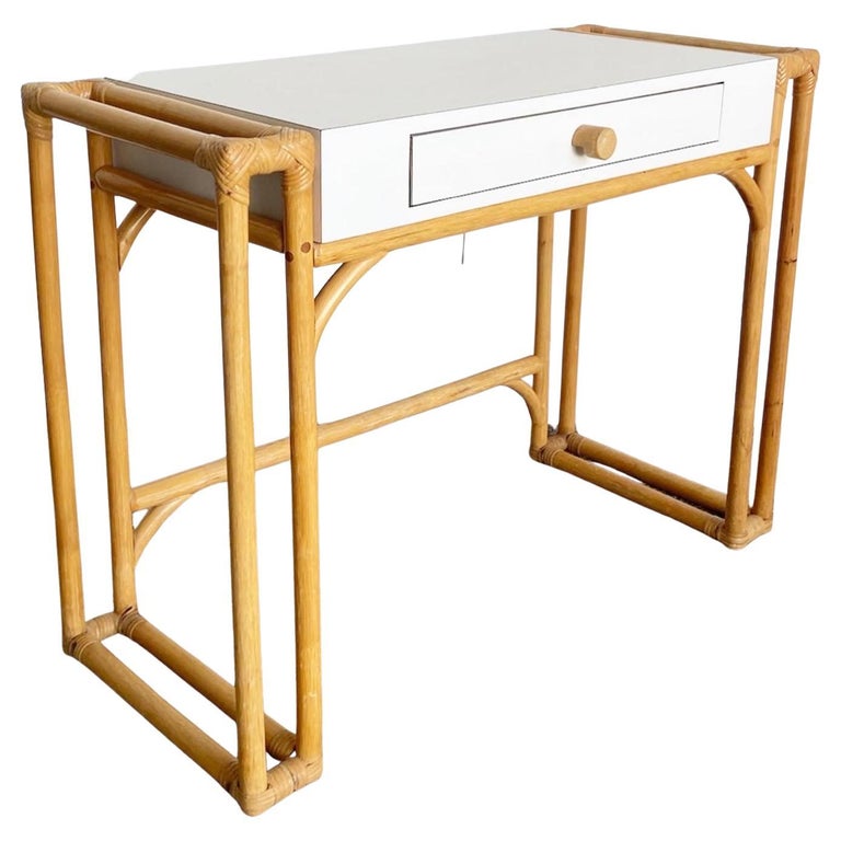 Boho Chic White Matte Laminate Bamboo Rattan Desk For Sale at 1stDibs