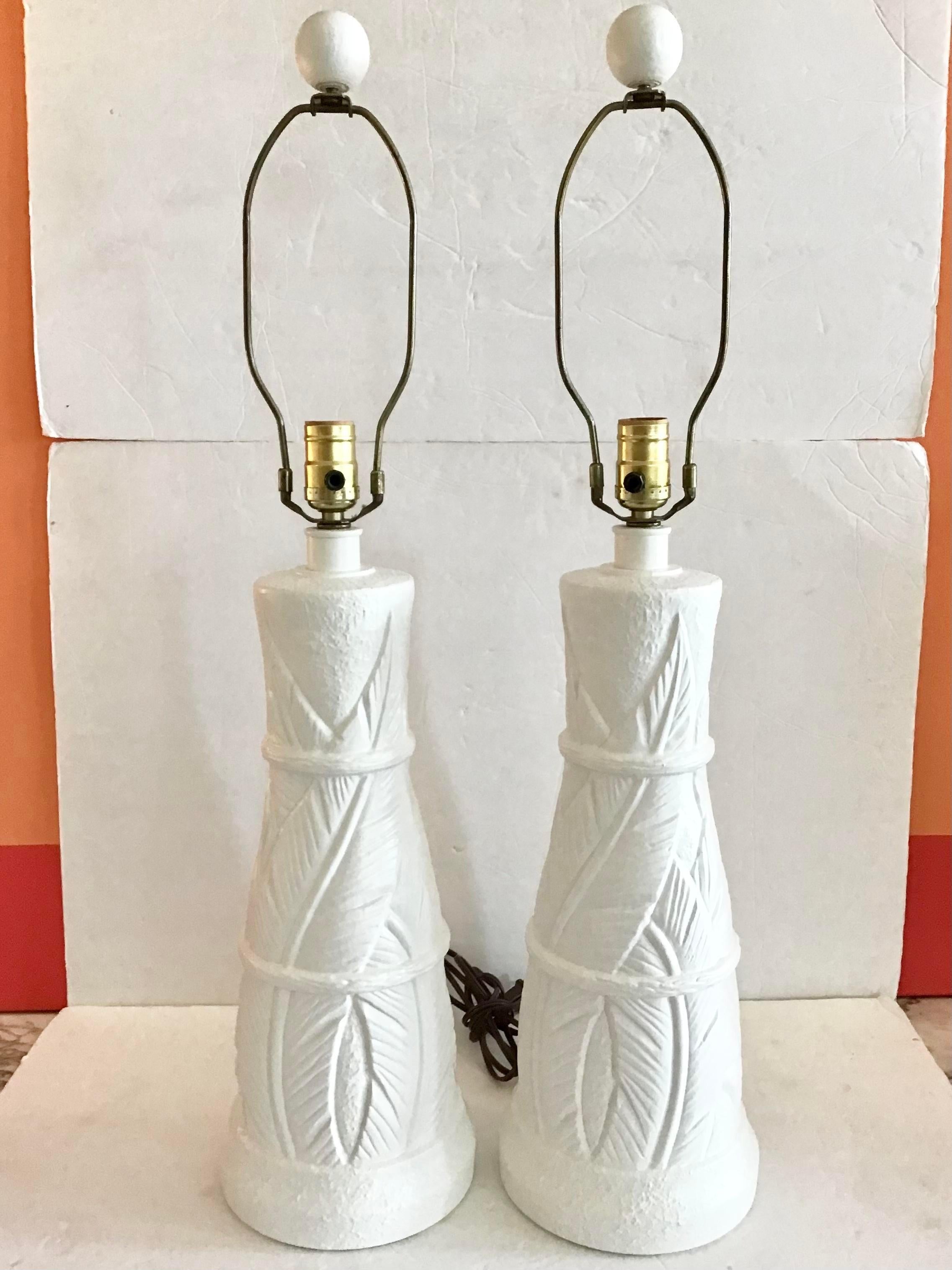 Great pair of tall boho chic plaster table lamps freshly lacquered in white. These are tall lamps at 30